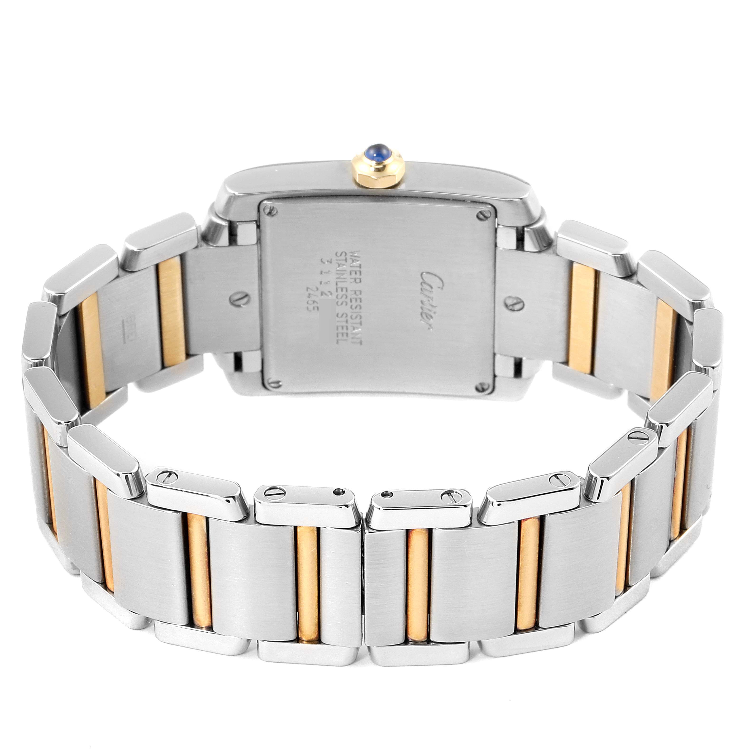 The image shows the back of a Cartier Tank Francaise W51012Q4 Women's Steel and Gold (two tone) Silver Dial W51012Q4 Women's Steel and Gold (two tone) Silver Dial watch with its stainless steel and gold bracelet.