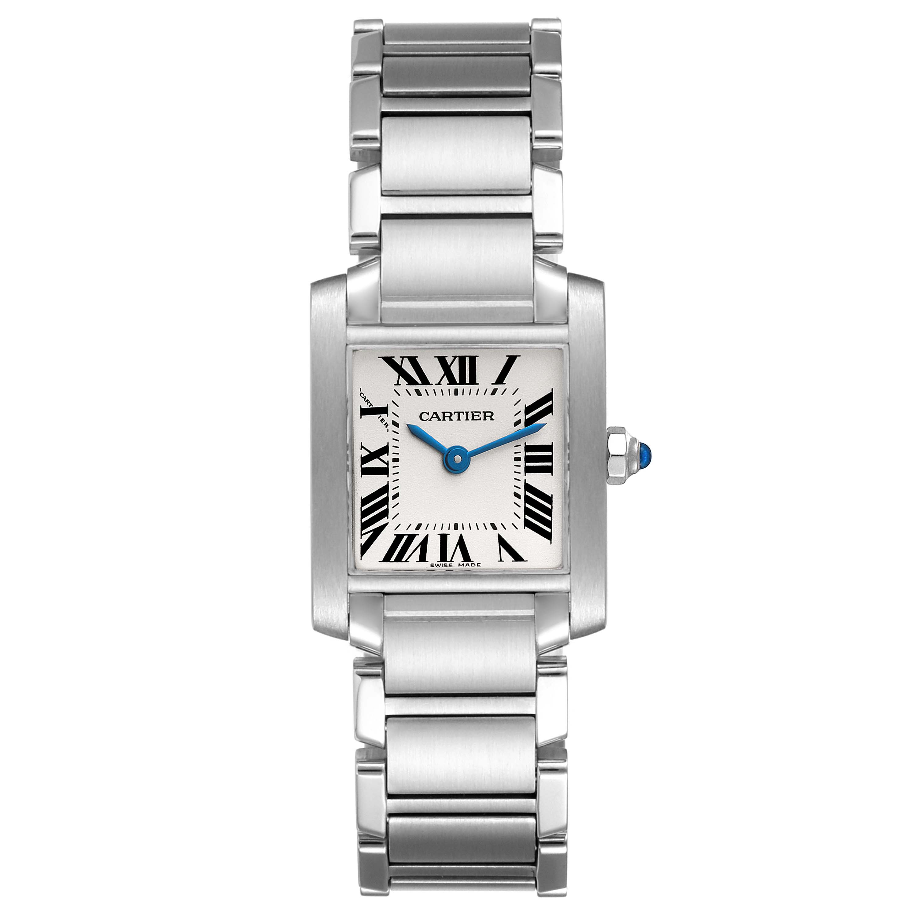 This is a front view of the Cartier Tank Francaise W51008Q3 Women's Stainless Steel Silver Dial W51008Q3 Women's Stainless Steel Silver Dial watch, showing the face, bracelet, and crown.