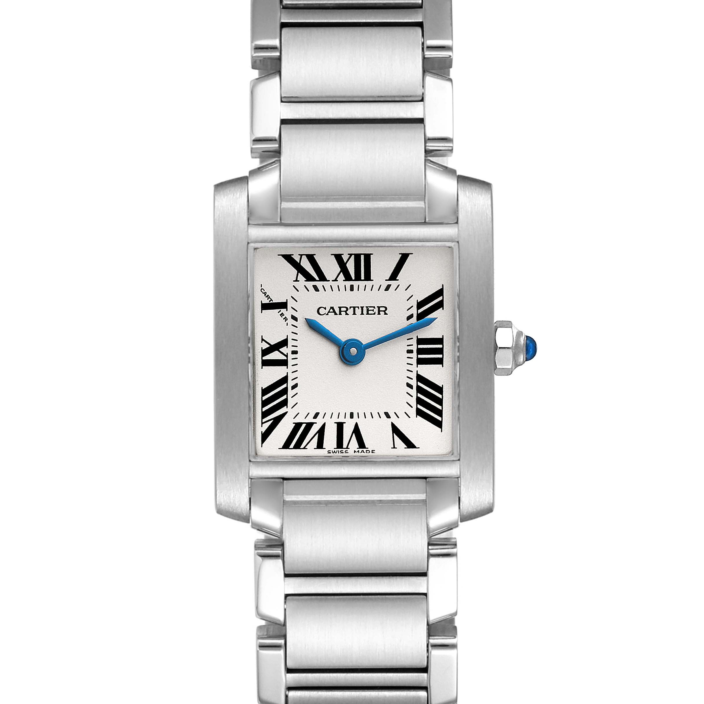 This is a frontal view of the Cartier Tank Française watch displaying its face, bracelet, and crown with a blue cabochon.
