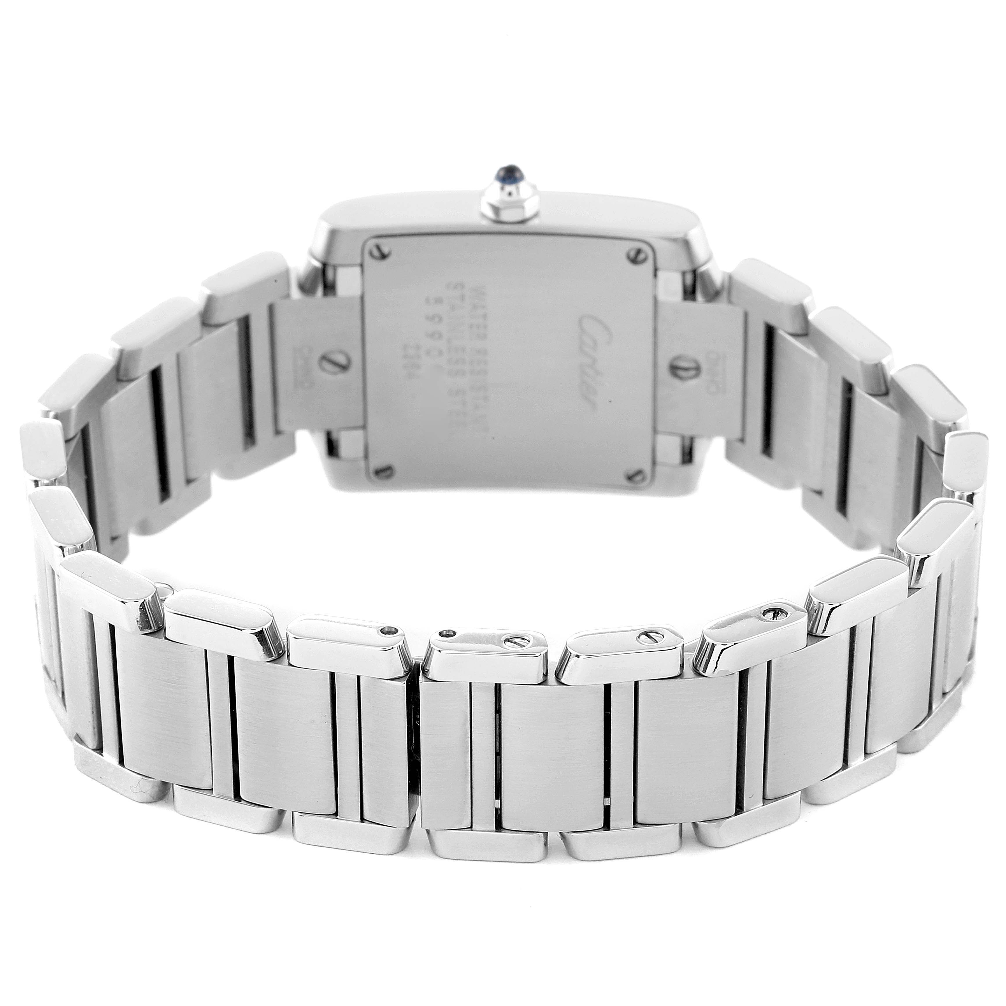 This image shows the back view of the Cartier Tank Francaise W51008Q3 Women's Stainless Steel Silver Dial W51008Q3 Women's Stainless Steel Silver Dial watch, highlighting the case back and metal bracelet.