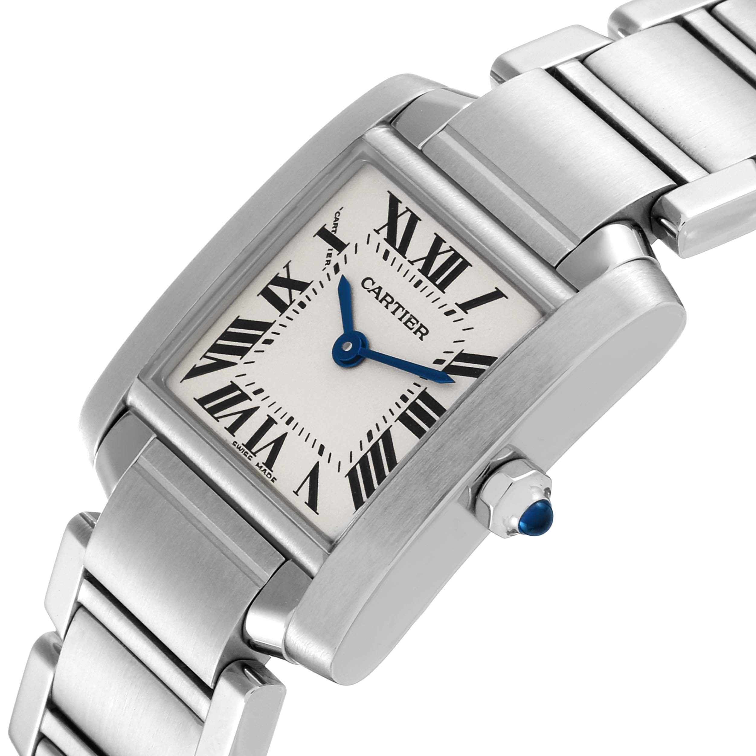The image displays a top angled view of the Cartier Tank Francaise W51008Q3 Women's Stainless Steel Silver Dial W51008Q3 Women's Stainless Steel Silver Dial watch, showing the face, blue hands, crown, and part of the metal bracelet.