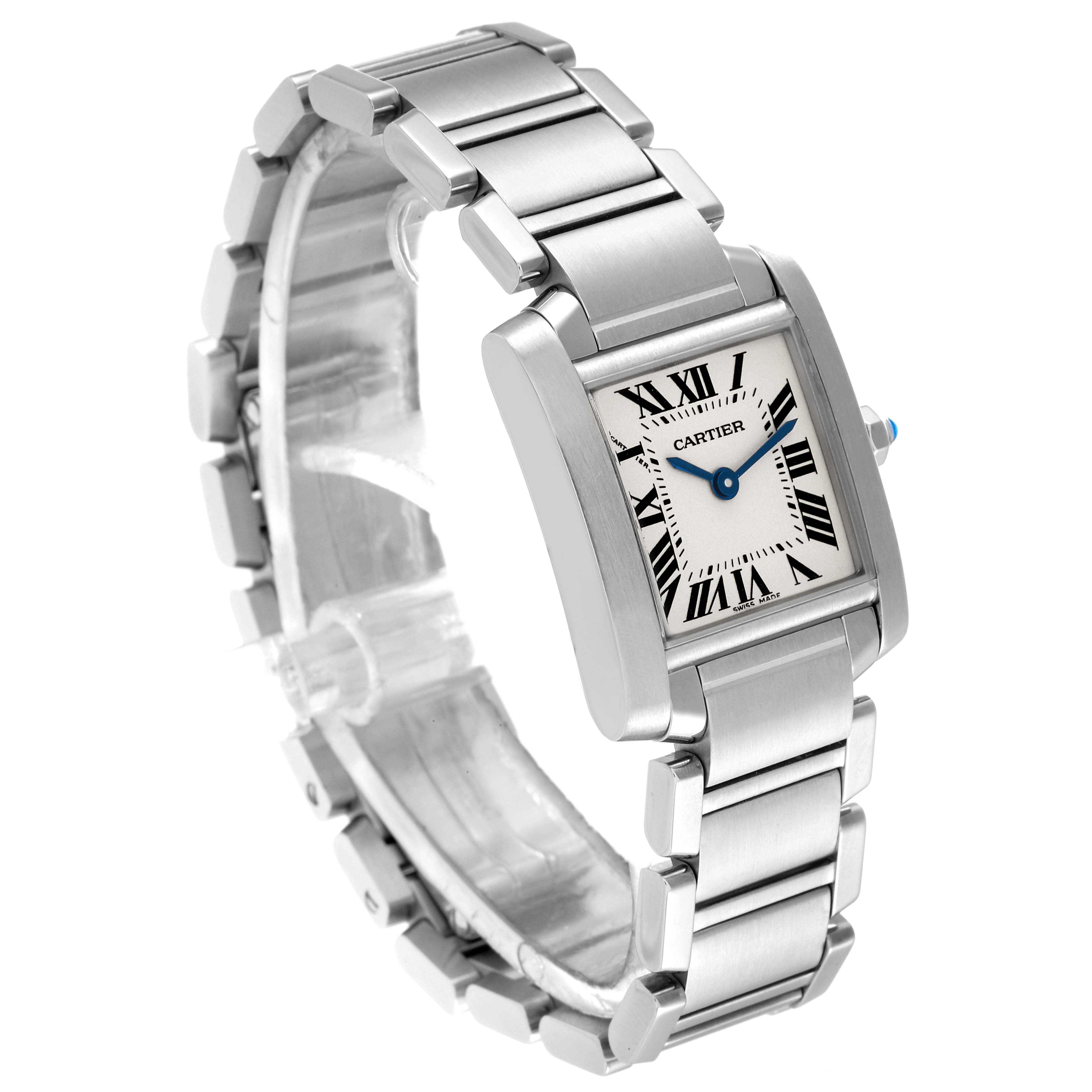 The image shows a Cartier Tank Française watch at an angle displaying the face, bracelet, and crown.