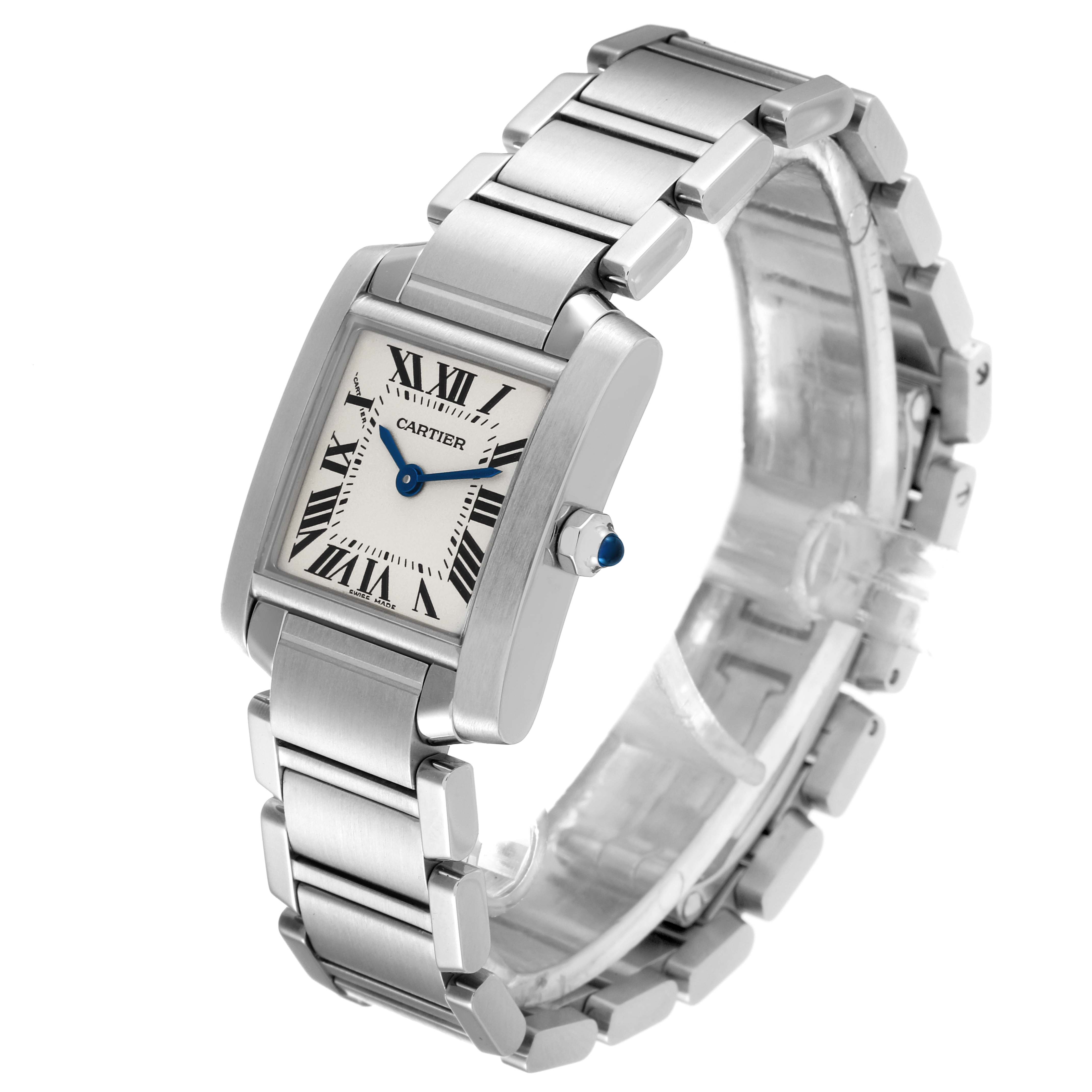 The image shows a Cartier Tank Francaise W51008Q3 Women's Stainless Steel Silver Dial W51008Q3 Women's Stainless Steel Silver Dial watch at an angled view, displaying the face, crown, and metal bracelet.