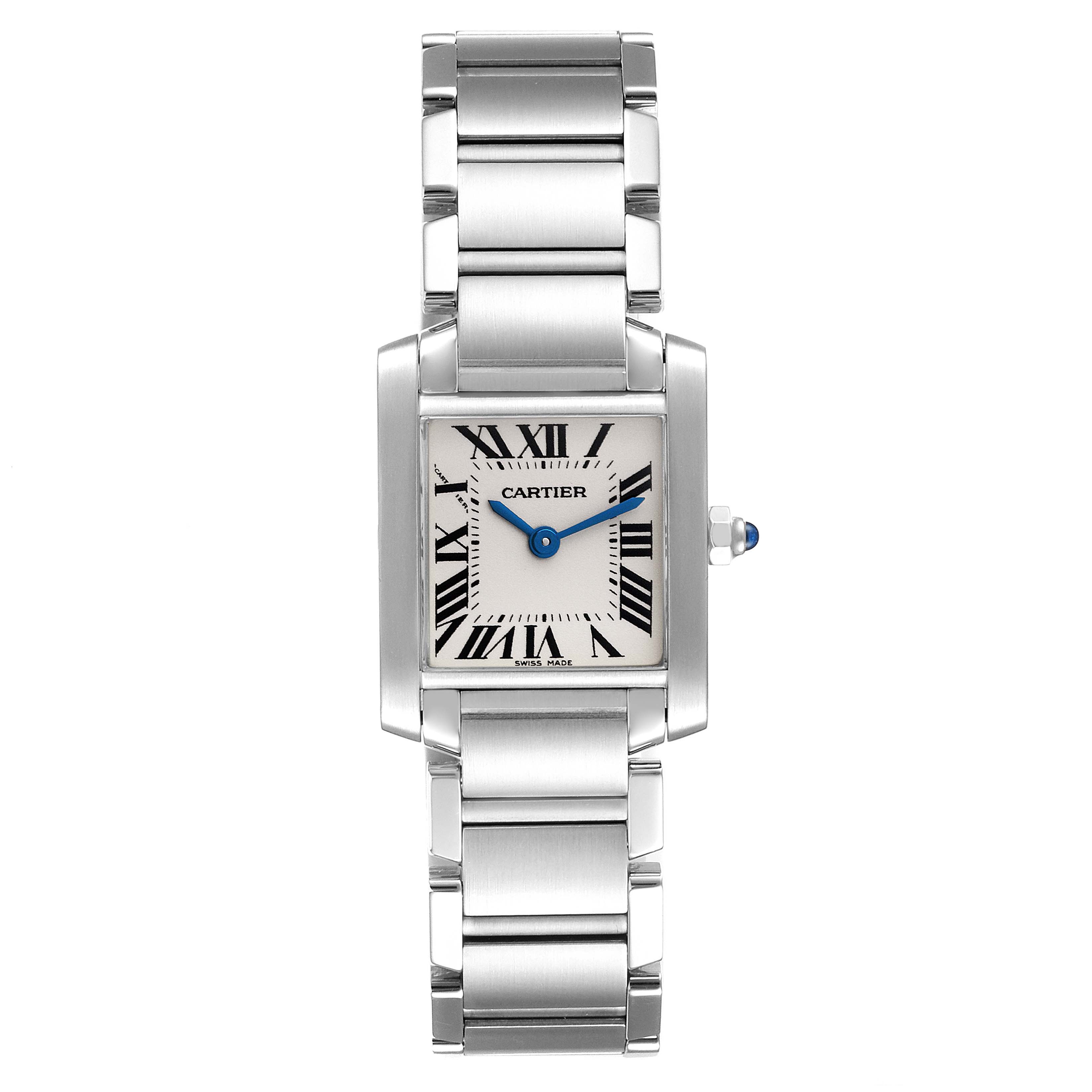 The image shows a frontal view of a Cartier Tank Francaise W51008Q3 Women's Stainless Steel Silver Dial W51008Q3 Women's Stainless Steel Silver Dial watch, highlighting its rectangular dial, Roman numerals, and stainless steel bracelet.