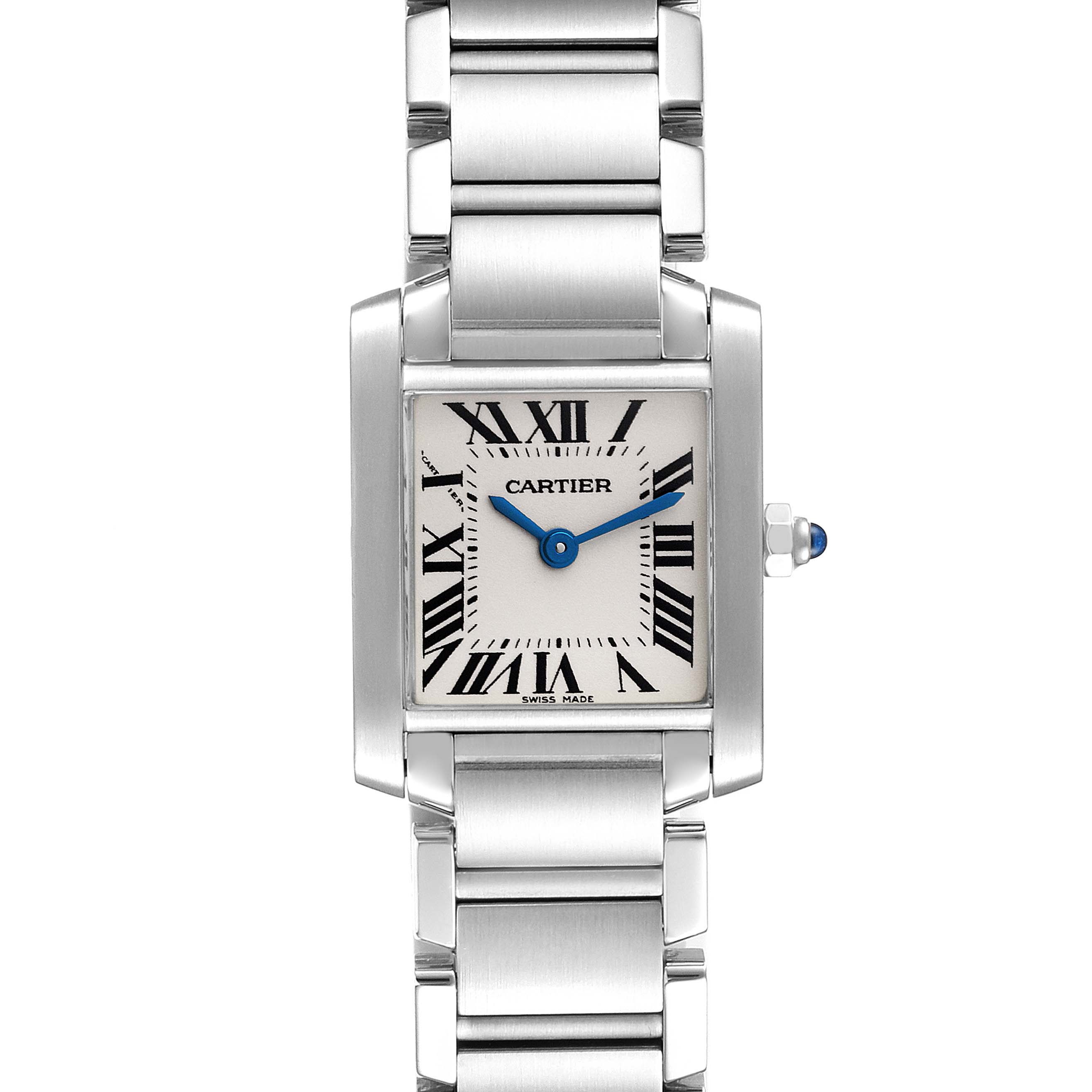 The image shows a Cartier Tank Francaise W51008Q3 Women's Stainless Steel Silver Dial W51008Q3 Women's Stainless Steel Silver Dial watch from a front view, highlighting the rectangular case, Roman numeral dial, and metal bracelet.