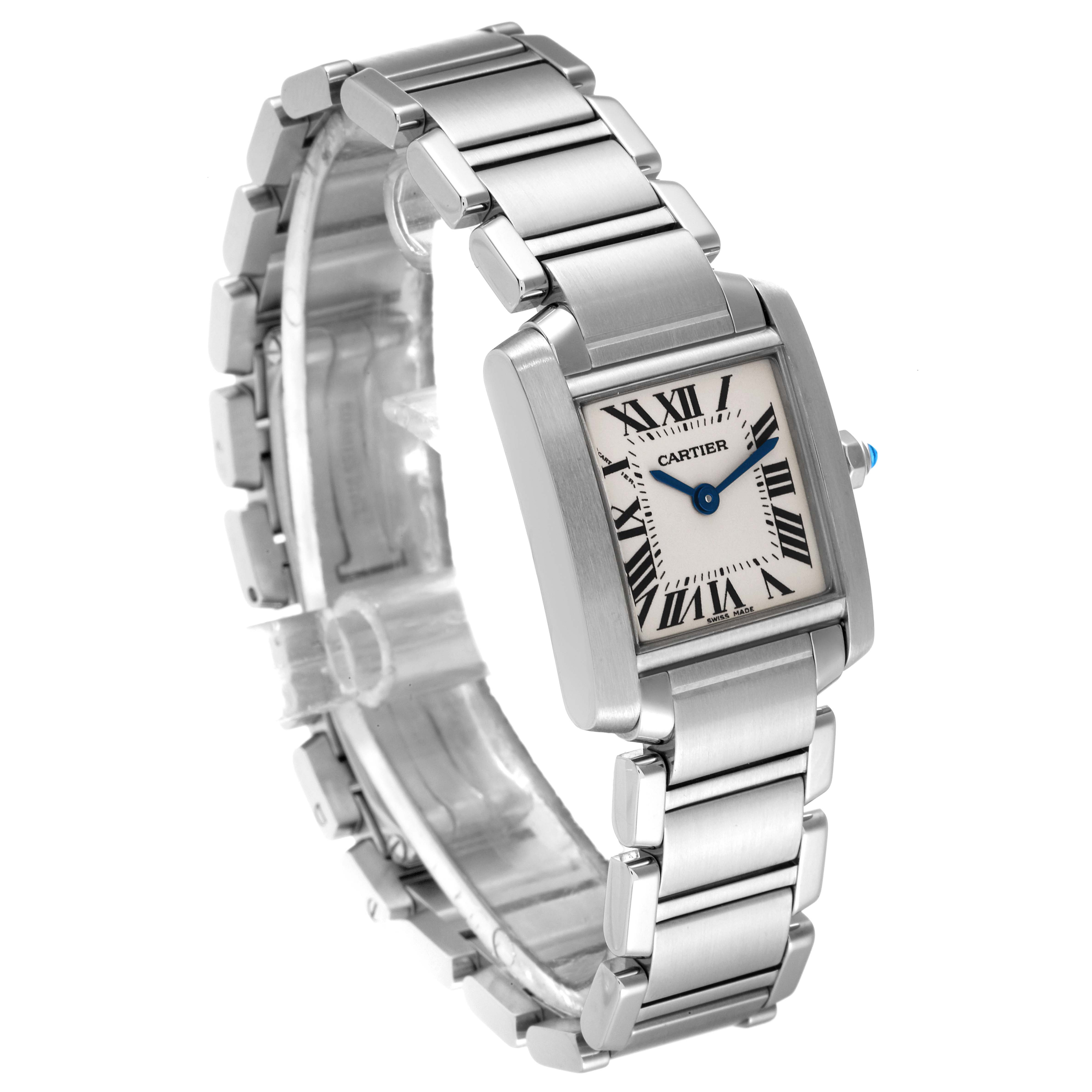 The image shows a Cartier Tank Française watch, highlighting its rectangular face and metal bracelet at a slight angle.