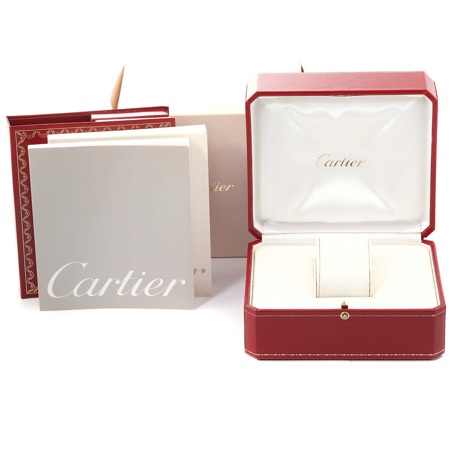 The image shows Cartier packaging for the Tank Francaise model, including a red box, manual, and warranty card.