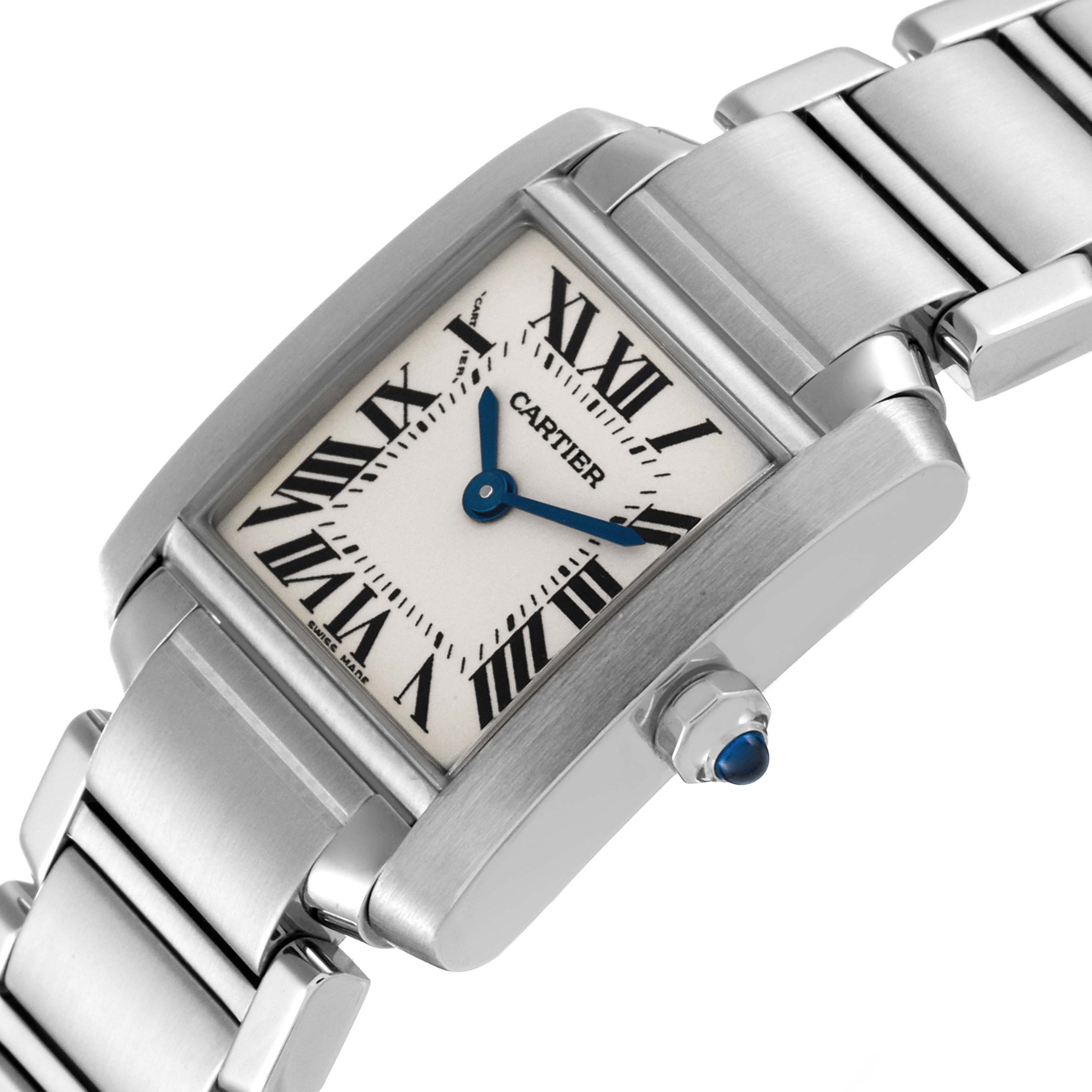 The image shows a Cartier Tank Francaise W51008Q3 Women's Stainless Steel Silver Dial W51008Q3 Women's Stainless Steel Silver Dial watch angled to highlight its rectangular face, blue hands, and metal bracelet.