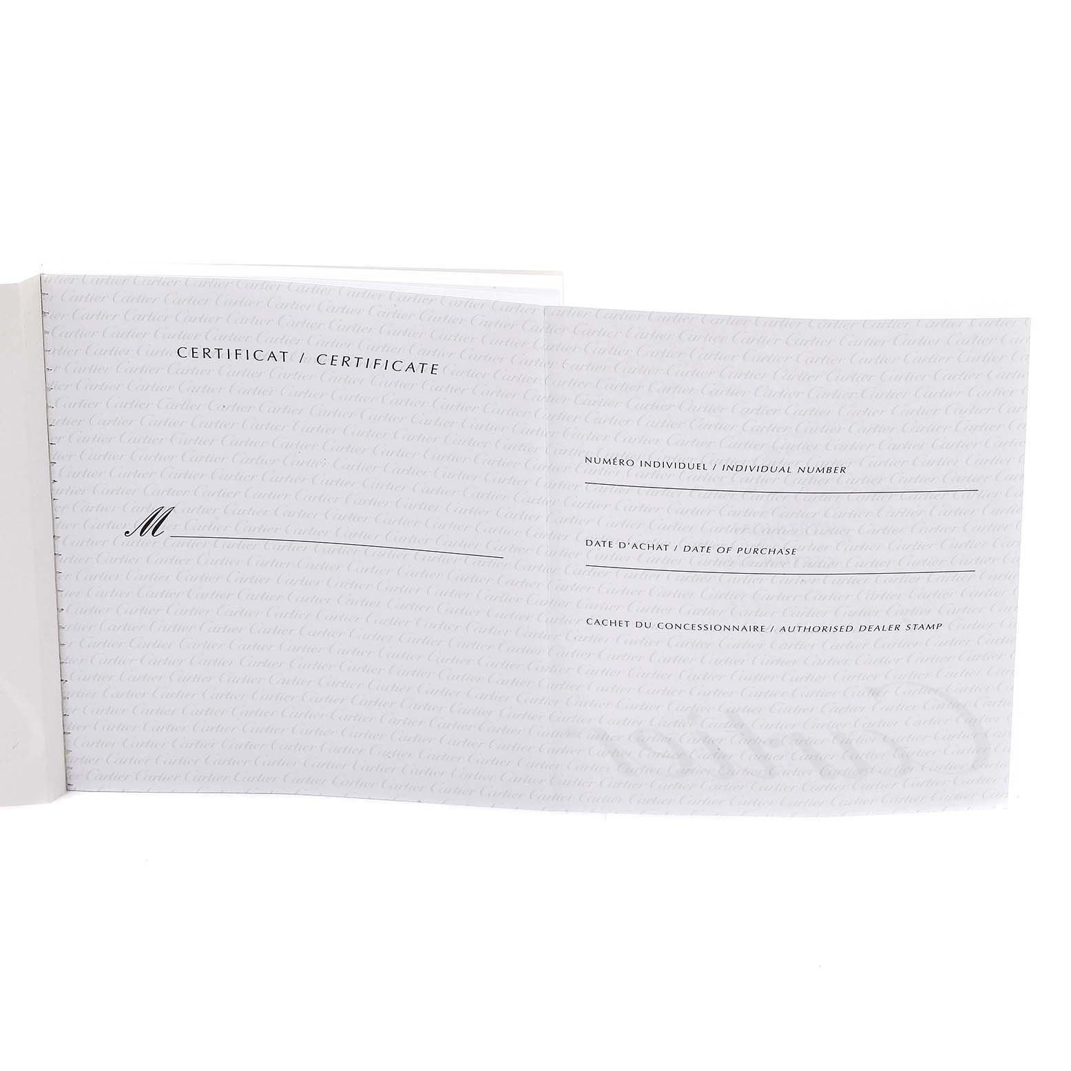This image shows the open warranty certificate booklet from the Tank Francaise model by Cartier.