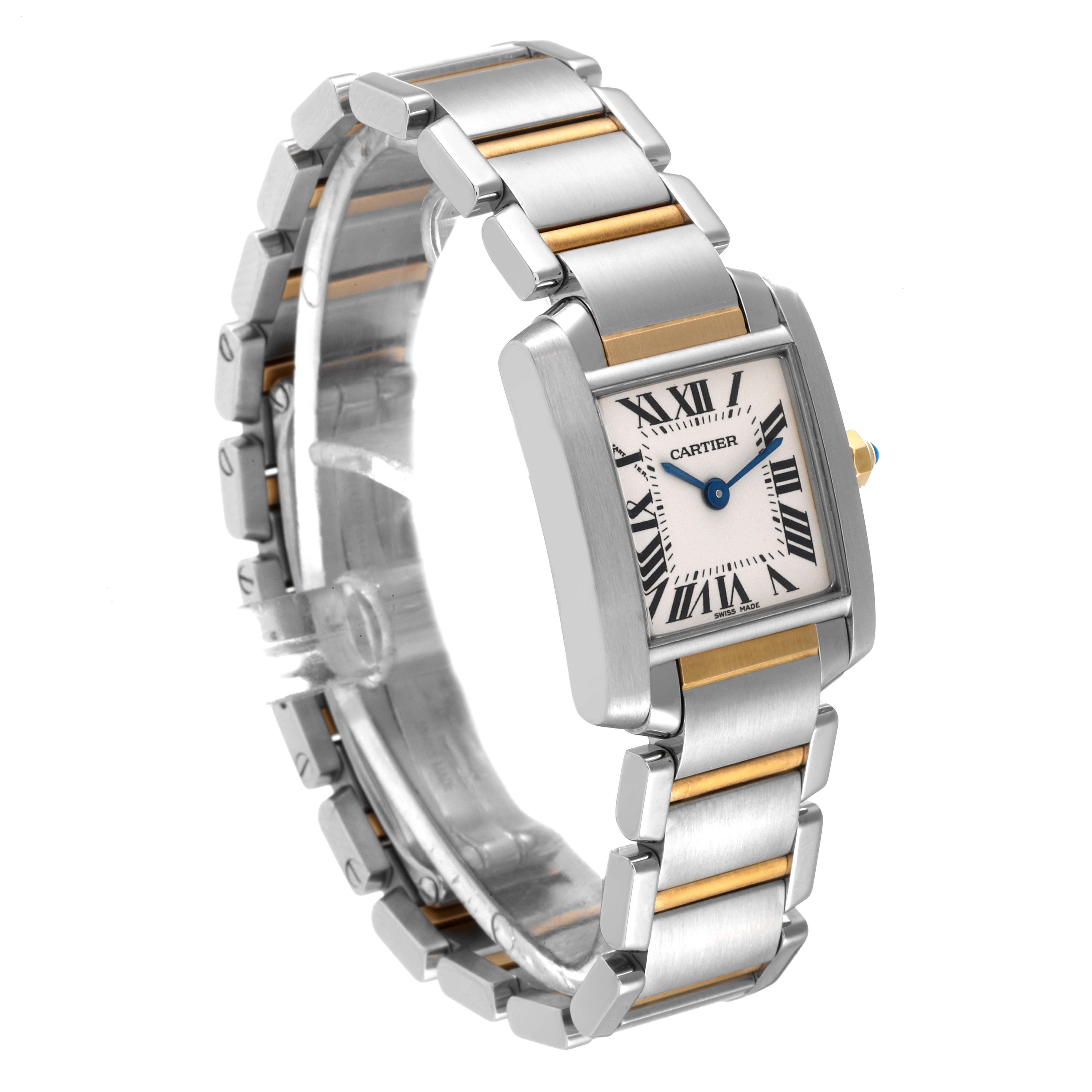 This image shows a side-angle view of a Cartier Tank Française watch, highlighting its face and metal bracelet.