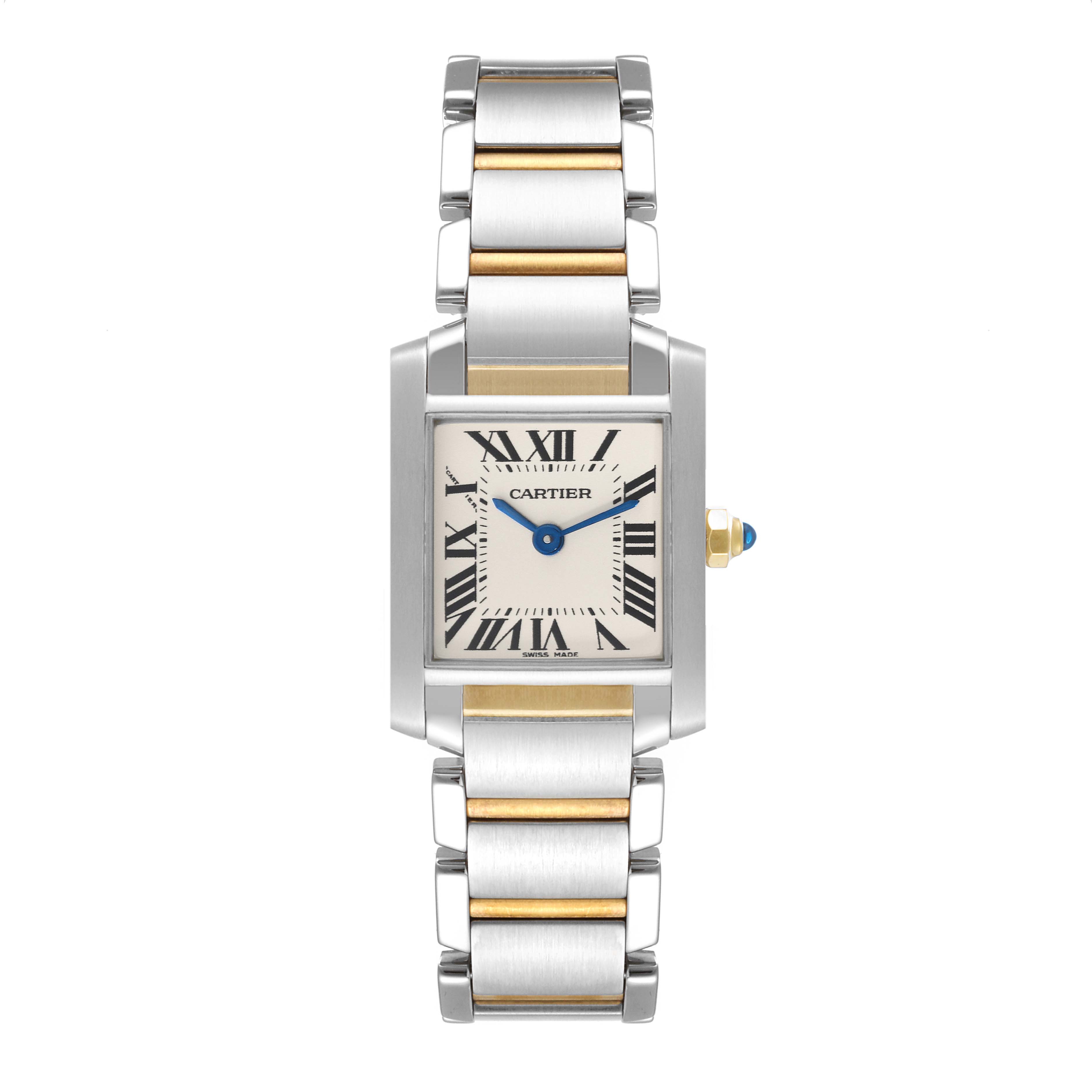 This image shows a frontal view of a Cartier Tank Française watch, highlighting its rectangular dial and two-tone metal bracelet.