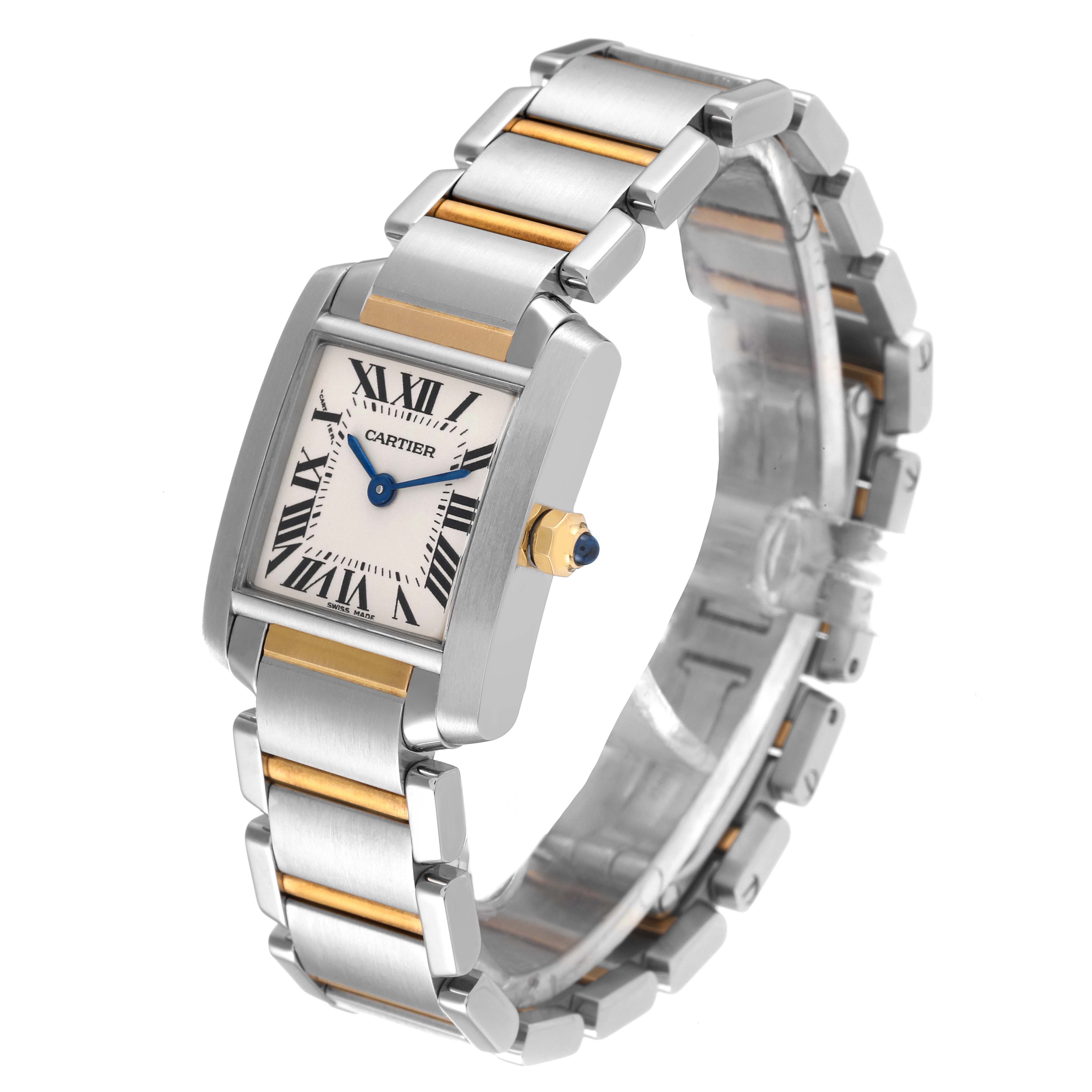 The image shows a Cartier Tank Francaise W51007Q4 Women's Steel and Gold (two tone) Silver Dial W51007Q4 Women's Steel and Gold (two tone) Silver Dial watch at an angled view, highlighting the face, case, and bracelet.