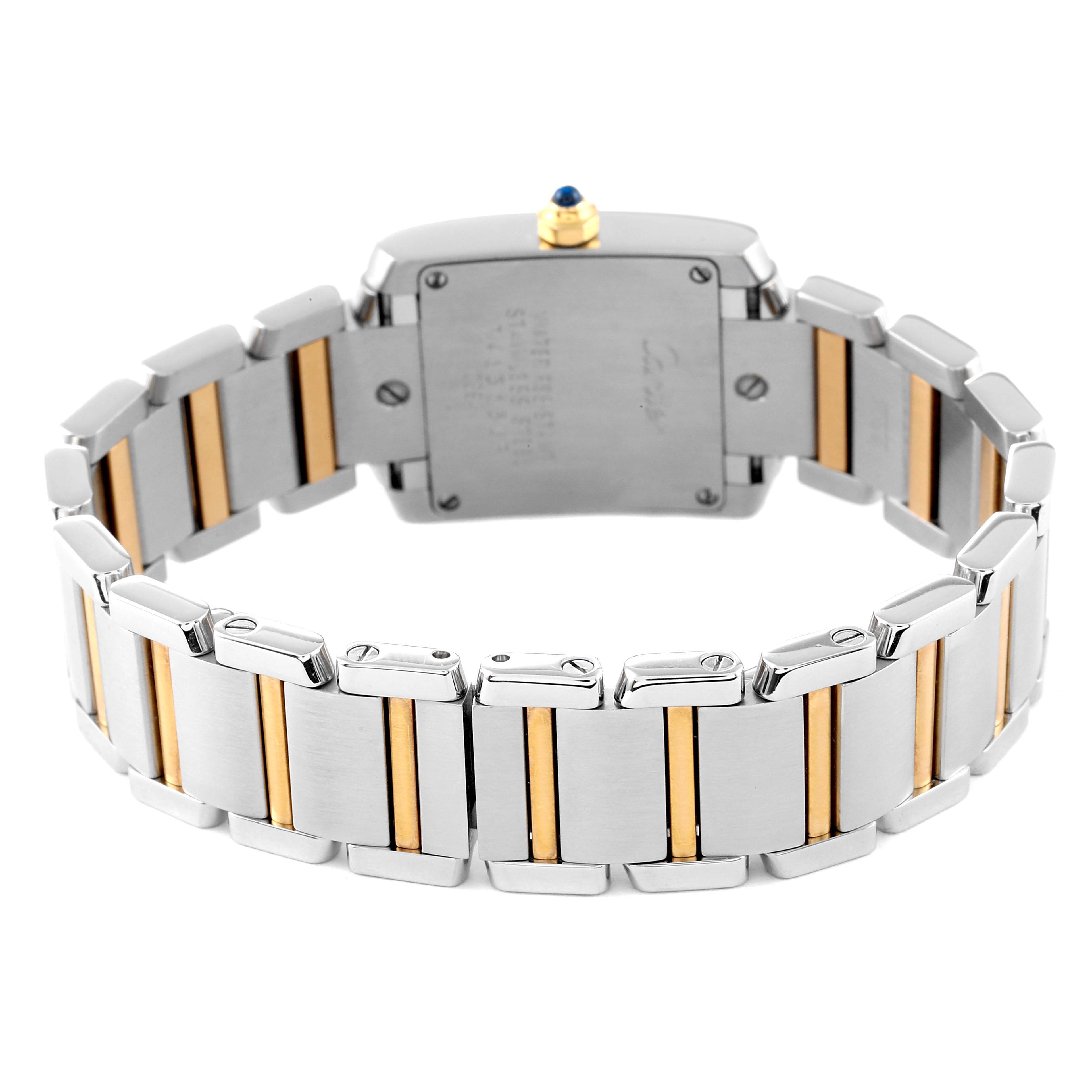 This image shows the back view of the Tank Française model by Cartier, highlighting the two-tone stainless steel and gold bracelet.