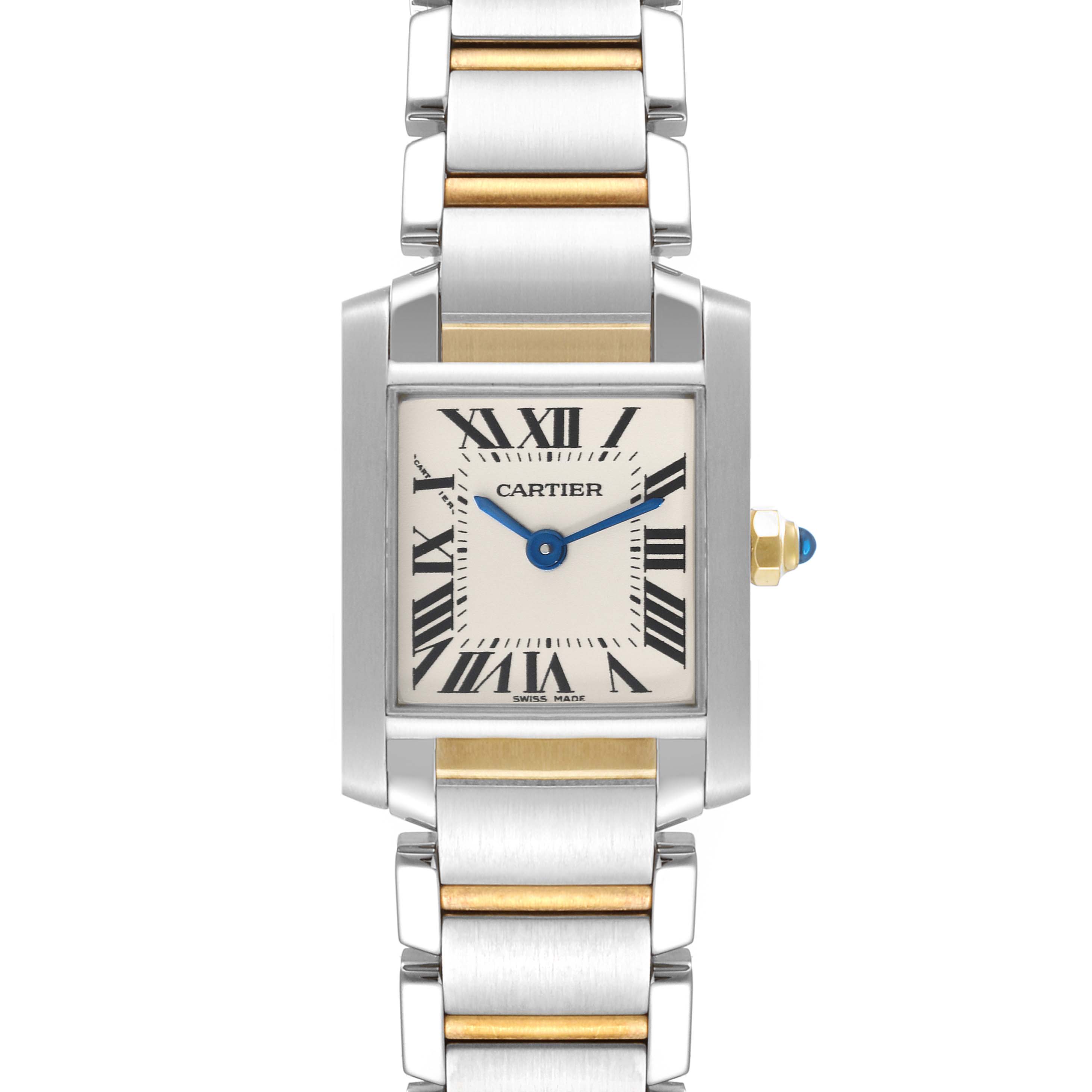 This image shows a frontal view of the Cartier Tank Francaise W51007Q4 Women's Steel and Gold (two tone) Silver Dial W51007Q4 Women's Steel and Gold (two tone) Silver Dial watch with its bezel, face, and two-tone bracelet.