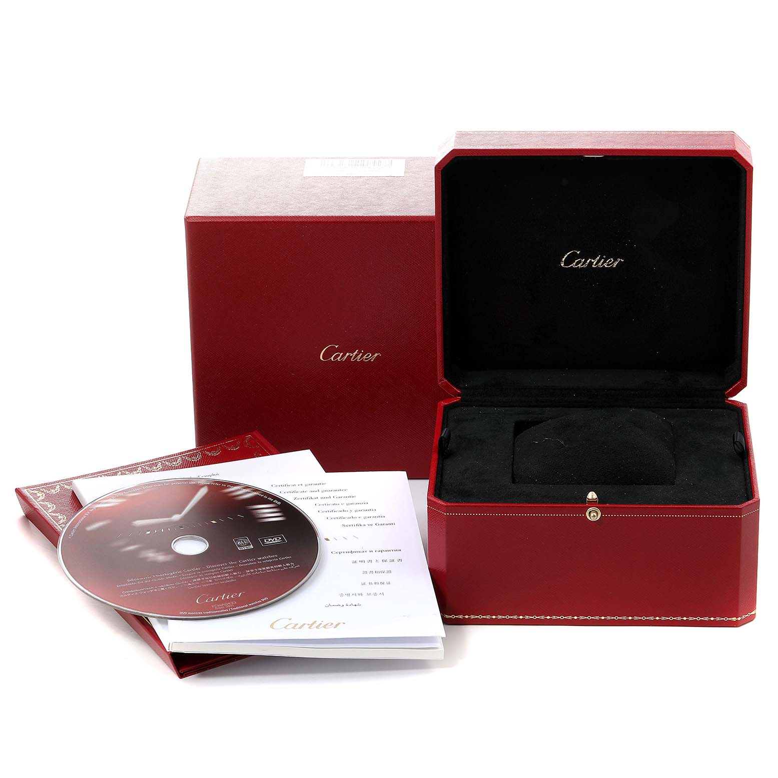 The image shows the packaging, CD, documentation, and the open box for a Cartier Tank Francaise W51005Q4 Men's Steel and Gold (two tone) Silver Dial W51005Q4 Men's Steel and Gold (two tone) Silver Dial watch.
