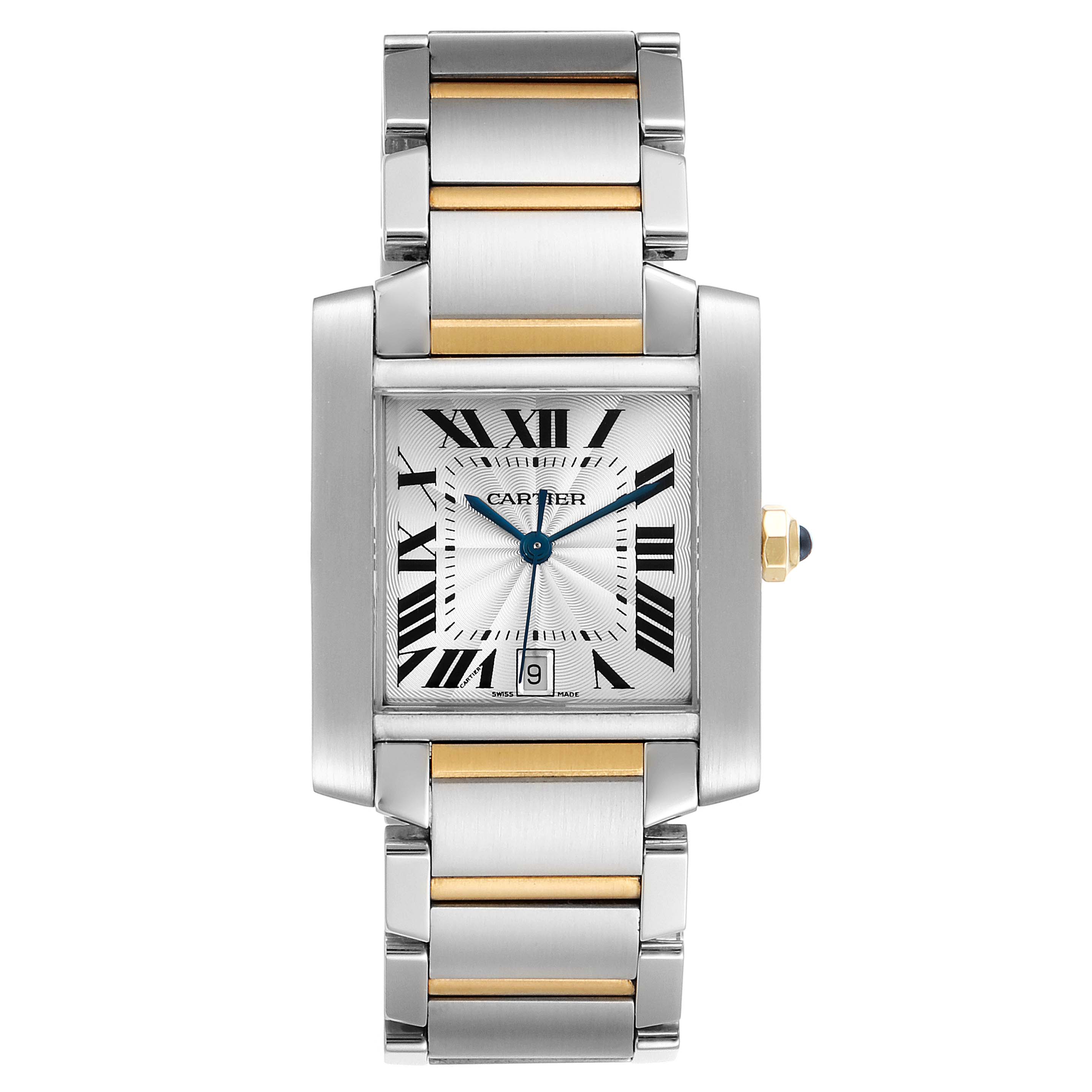 The image shows a frontal view of the Cartier Tank Française watch, highlighting its face and metal bracelet.