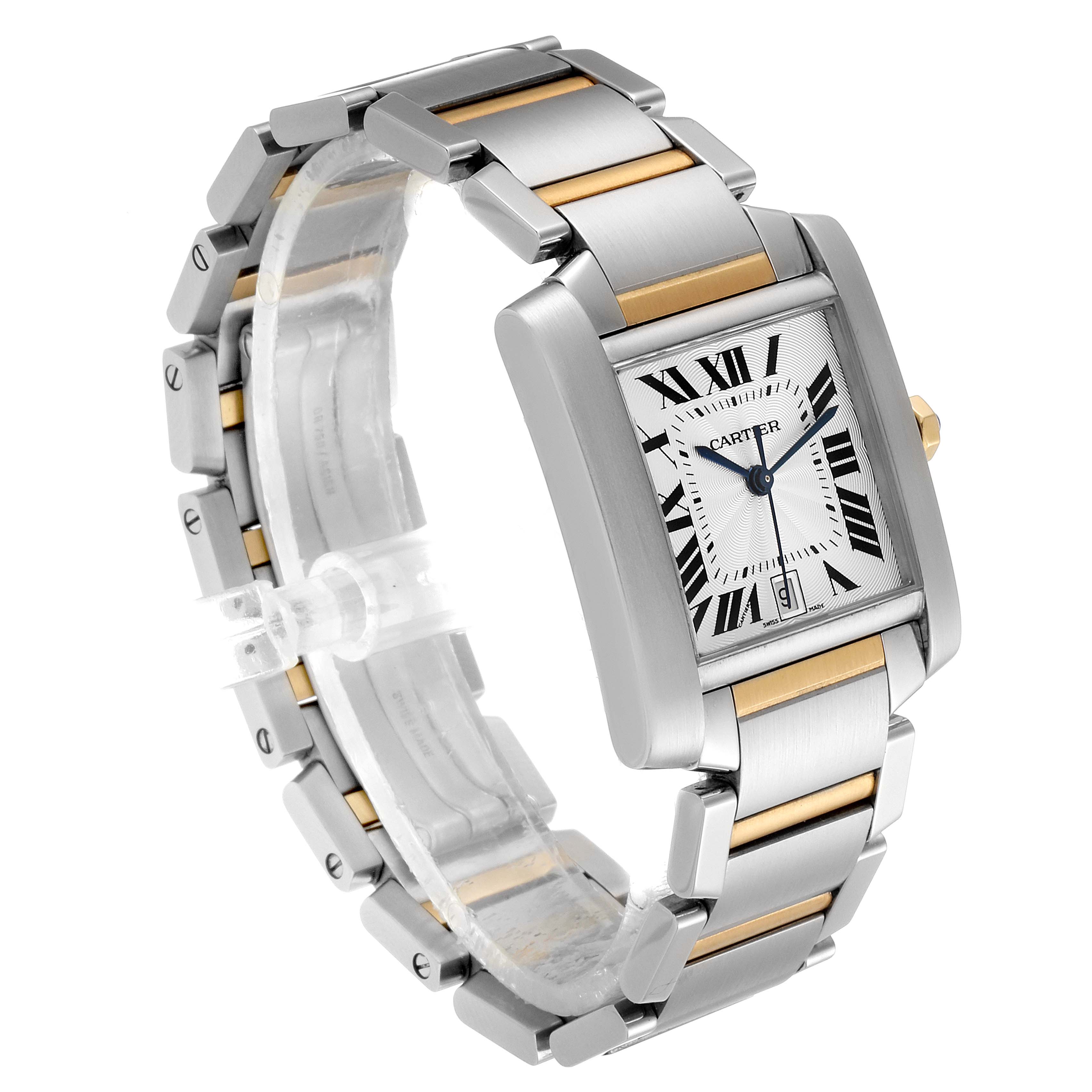 The Cartier Tank Francaise W51005Q4 Men's Steel and Gold (two tone) Silver Dial W51005Q4 Men's Steel and Gold (two tone) Silver Dial watch is shown at an angle highlighting the face, bracelet, and clasp.