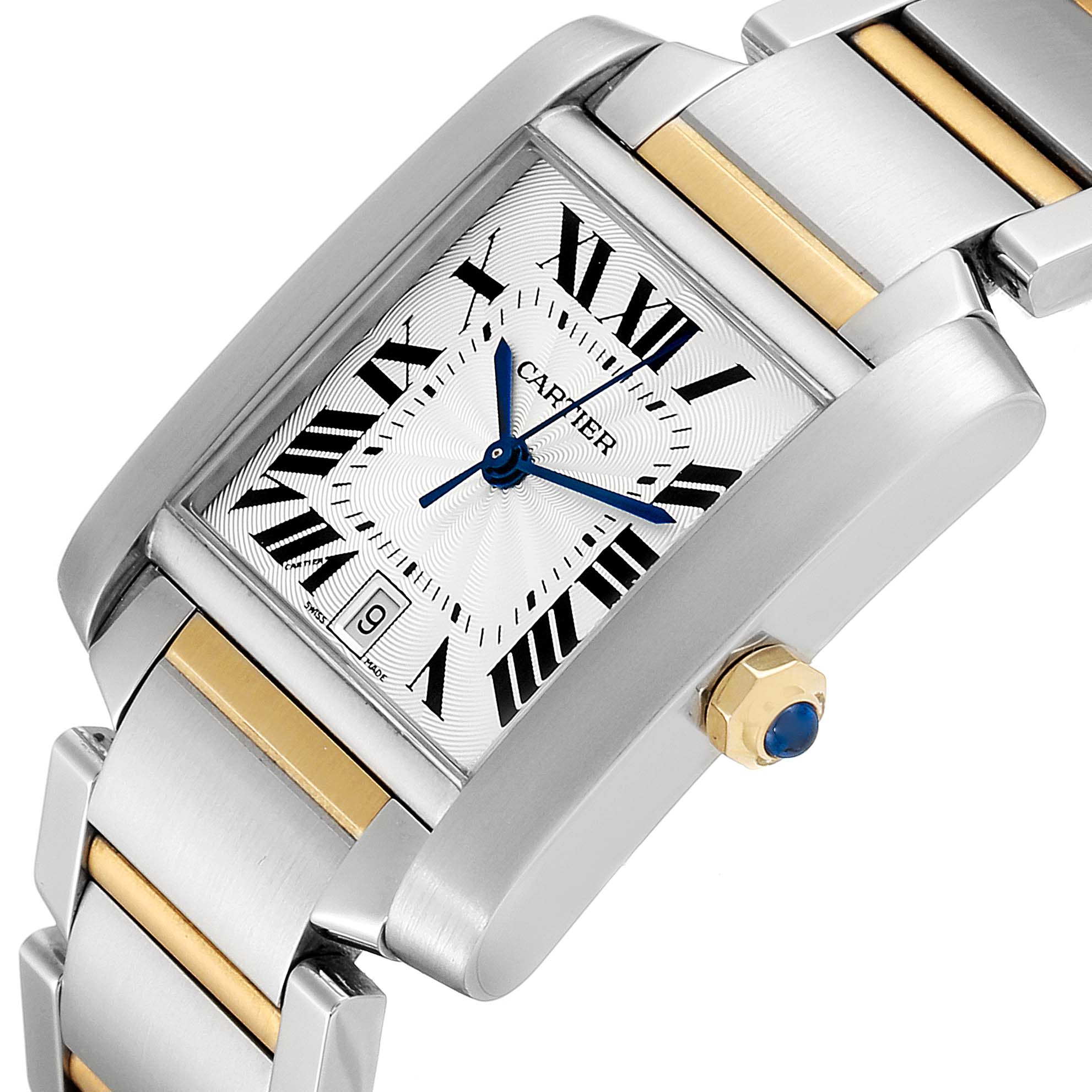 The Cartier Tank Francaise W51005Q4 Men's Steel and Gold (two tone) Silver Dial W51005Q4 Men's Steel and Gold (two tone) Silver Dial watch is shown at an angle displaying the dial, bracelet, crown, and case.