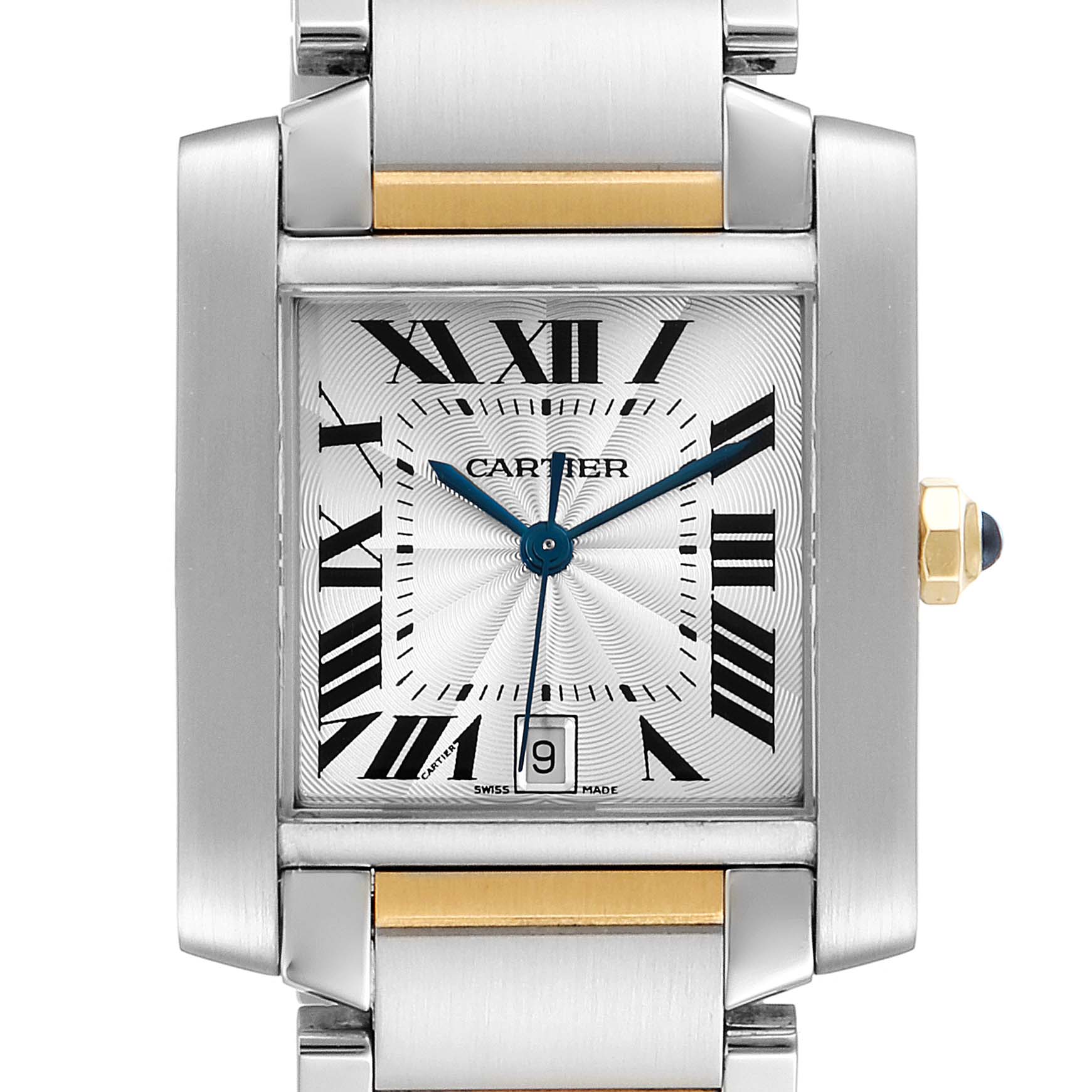 The image shows a close-up view of the face and partial bracelet of a Cartier Tank Française watch.