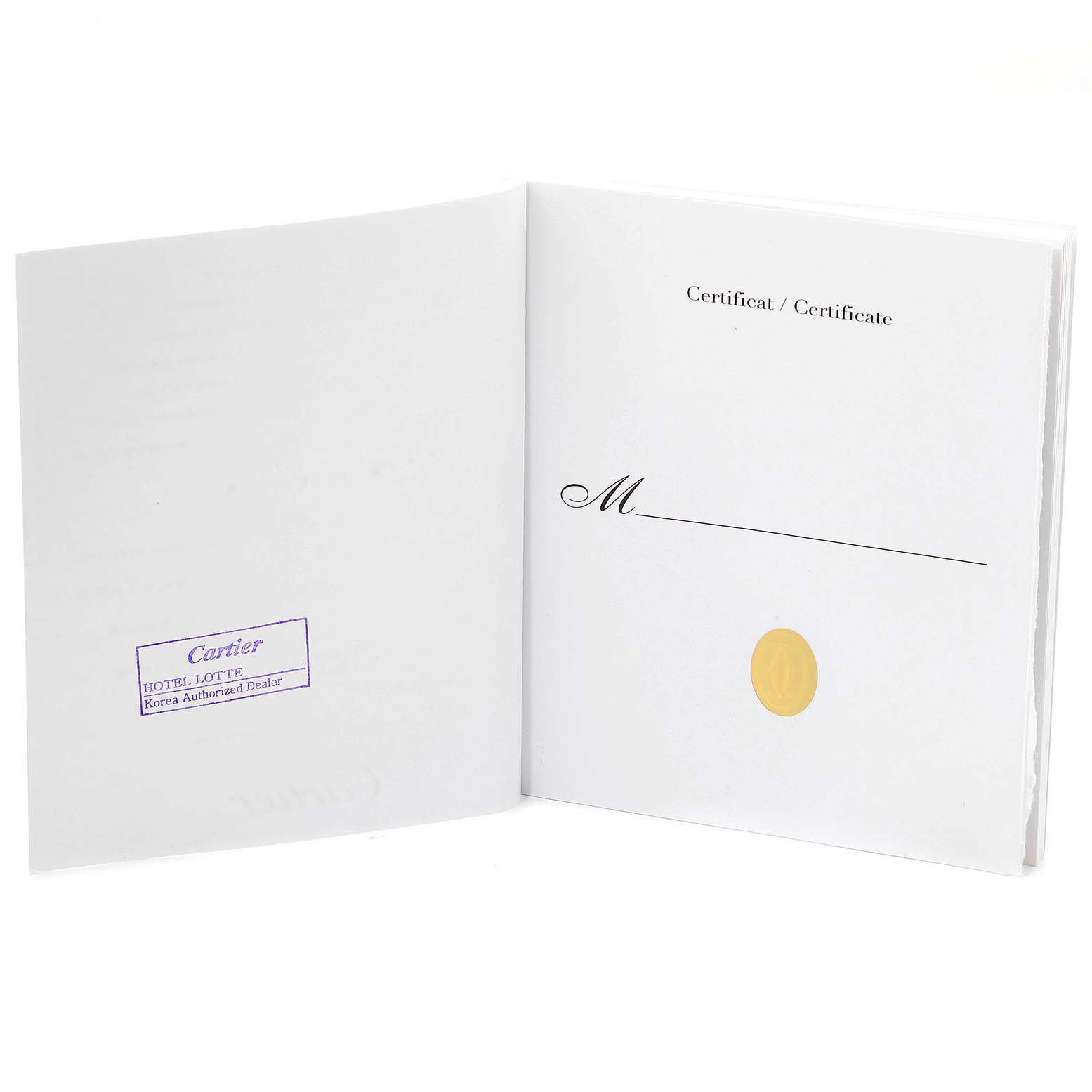 The image shows the open certificate booklet for the Cartier Tank Française watch with a gold seal and authorized dealer stamp.