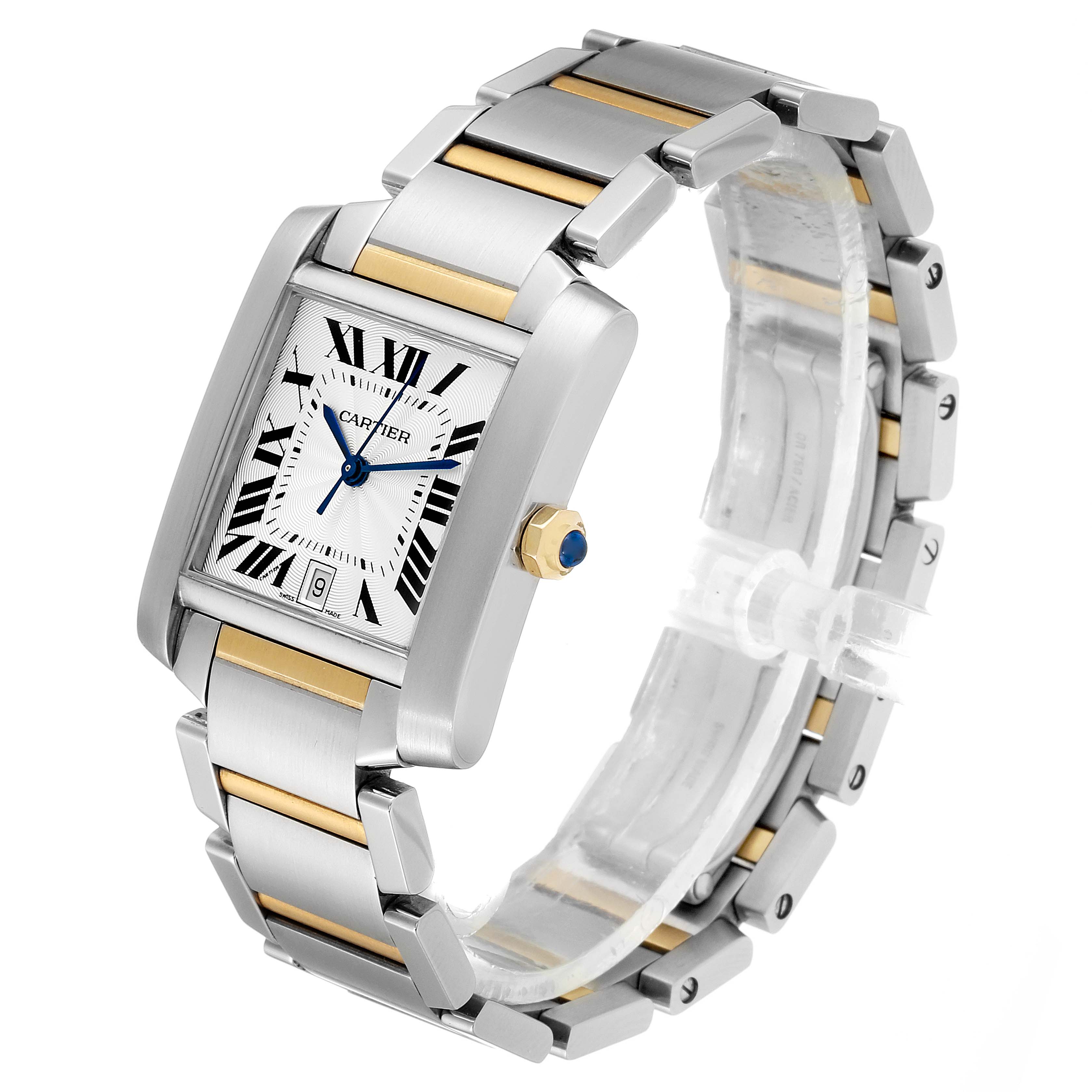 The Cartier Tank Francaise W51005Q4 Men's Steel and Gold (two tone) Silver Dial W51005Q4 Men's Steel and Gold (two tone) Silver Dial watch is shown at an angled close-up, displaying the face, crown, and part of the bracelet.