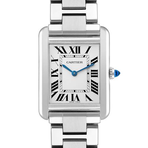 The Cartier Tank Solo W5200013 Women's Stainless Steel Silver Dial watch is shown from the front, highlighting the dial, bracelet, and crown.
