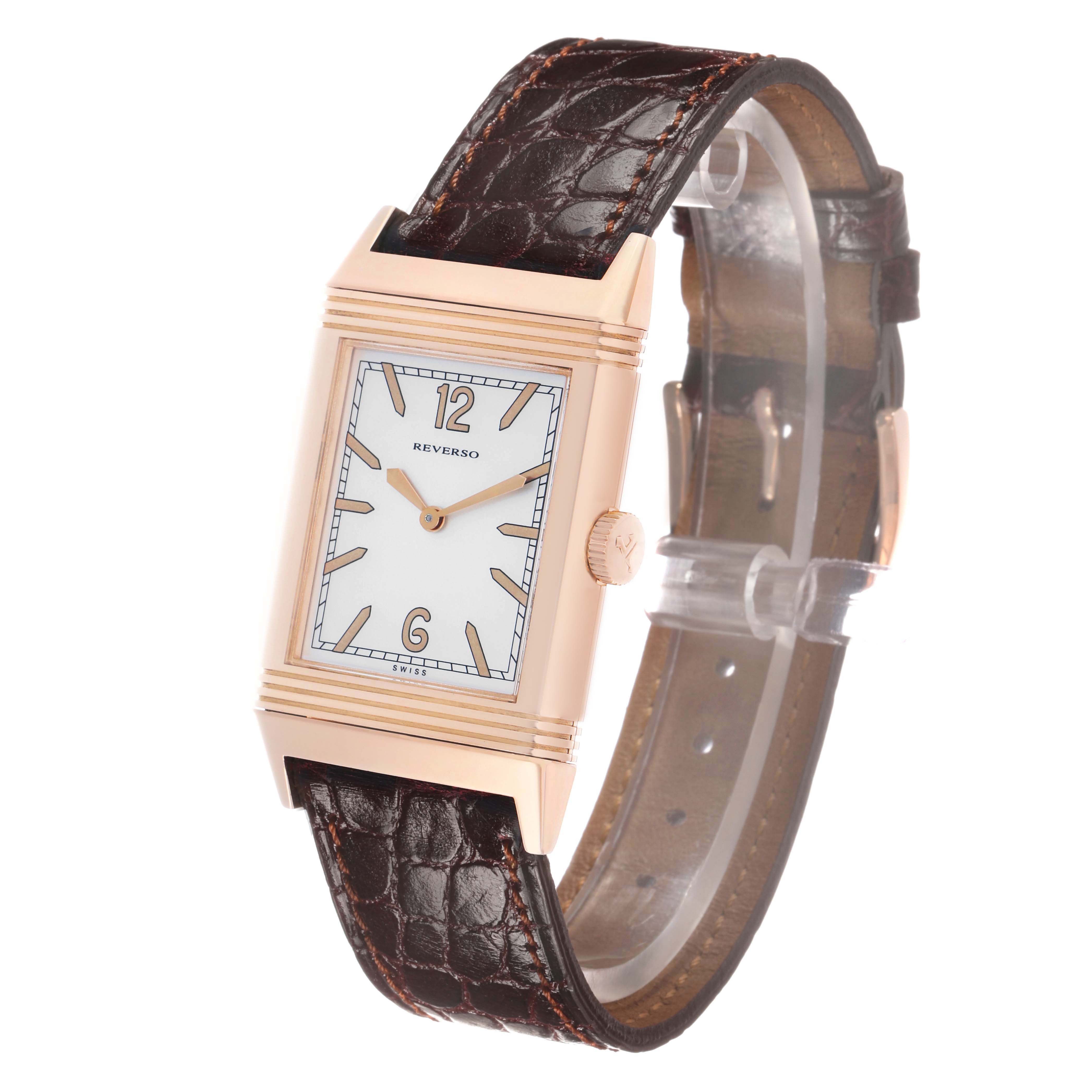 The Jaeger LeCoultre Reverso Q2782521 Men's Rose Gold Silver Dial watch is shown at a slight angle, displaying the dial, case, and leather strap.
