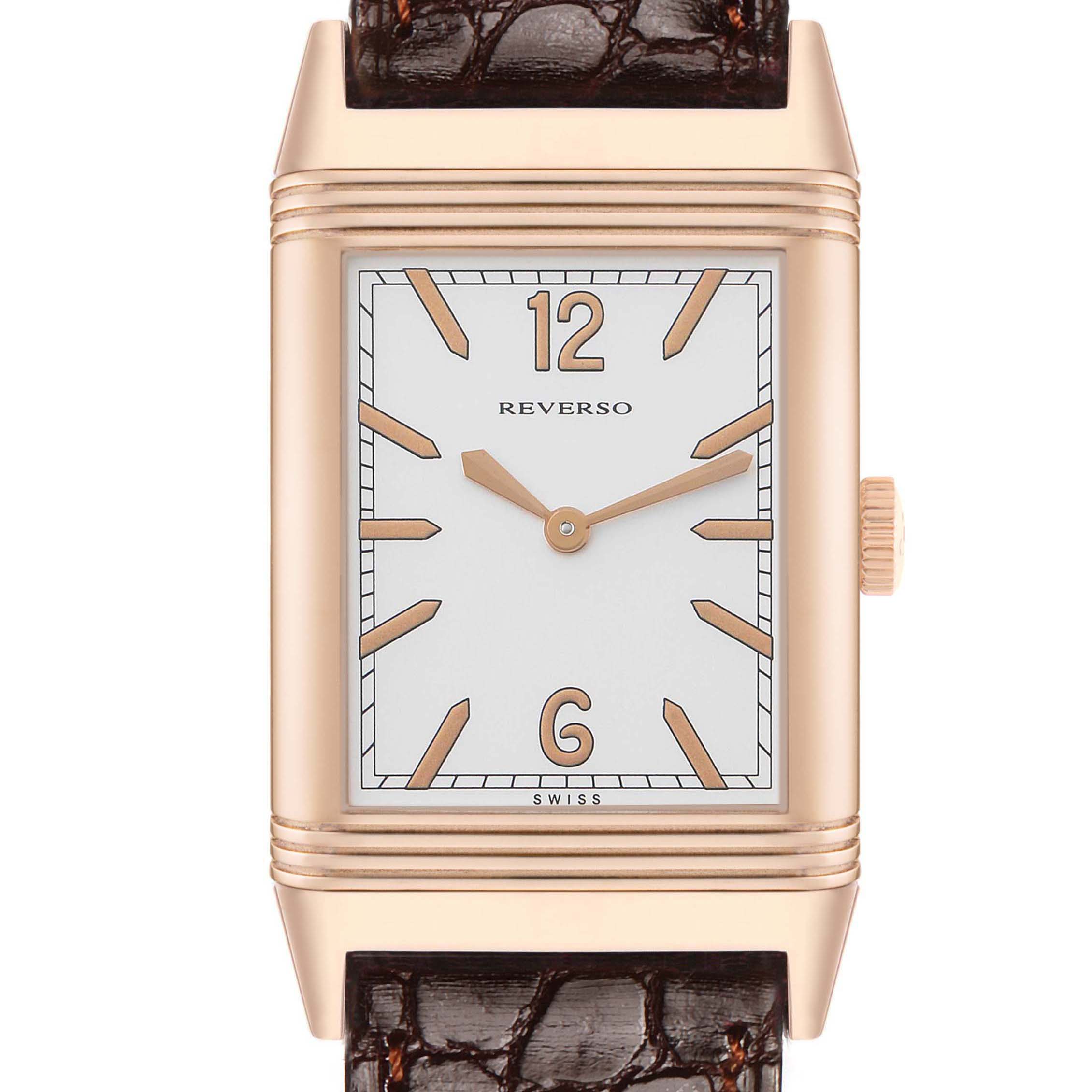 The Jaeger-LeCoultre Reverso watch is shown from a straight-on angle, highlighting the face, dial, and crown.