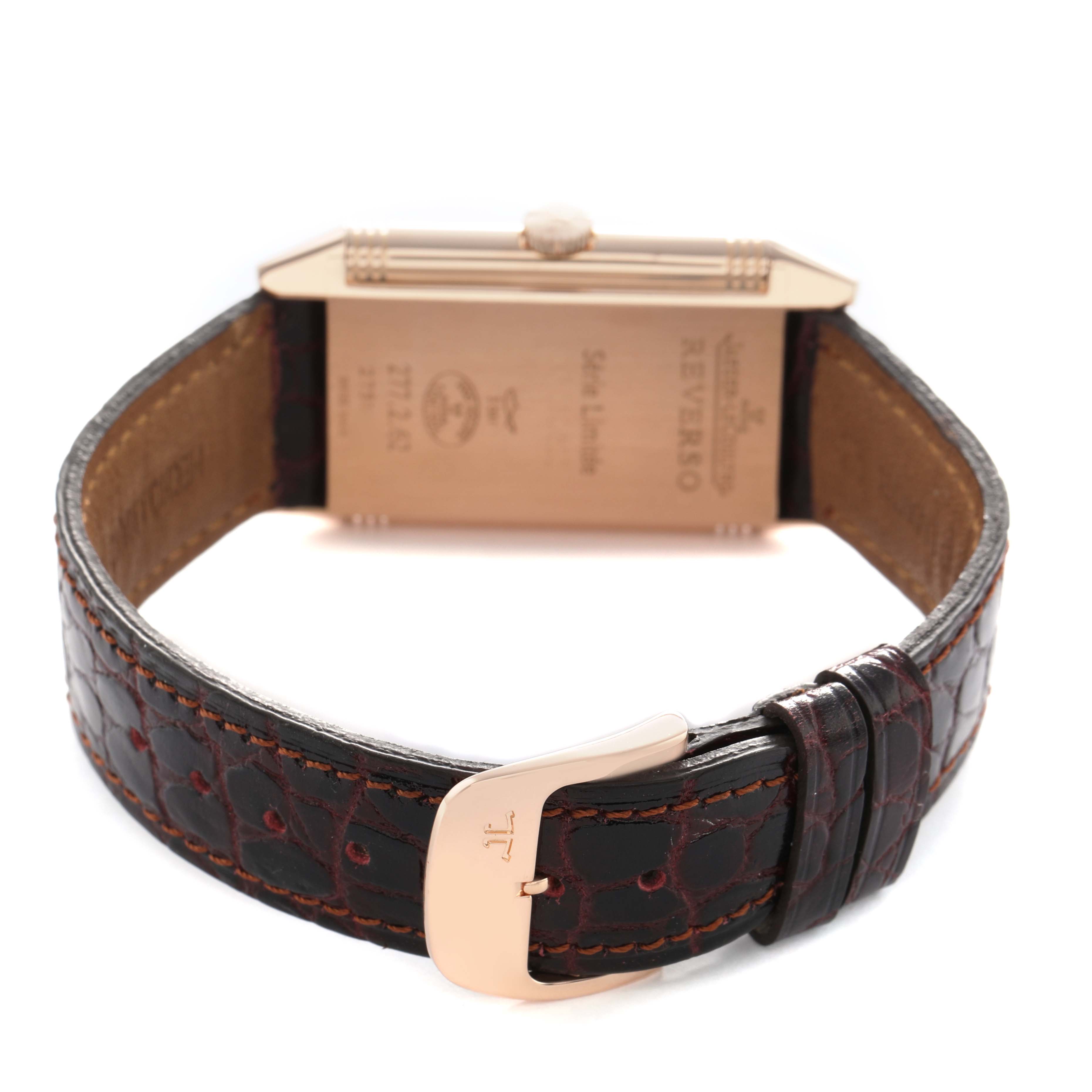 The image shows the back of the Jaeger LeCoultre Reverso Q2782521 Men's Rose Gold Silver Dial watch, highlighting the strap and the clasp, with the case back visible.