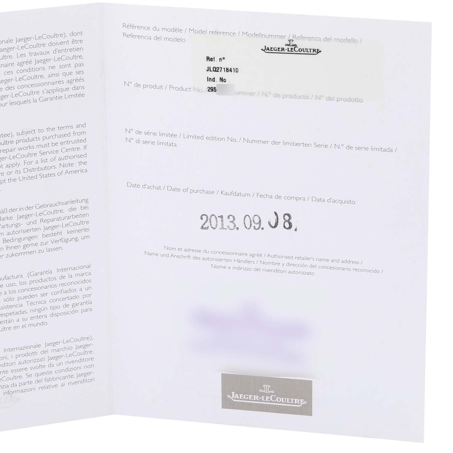 This image shows the warranty card for a Jaeger-LeCoultre Reverso watch, providing model reference, product number, and date of purchase.