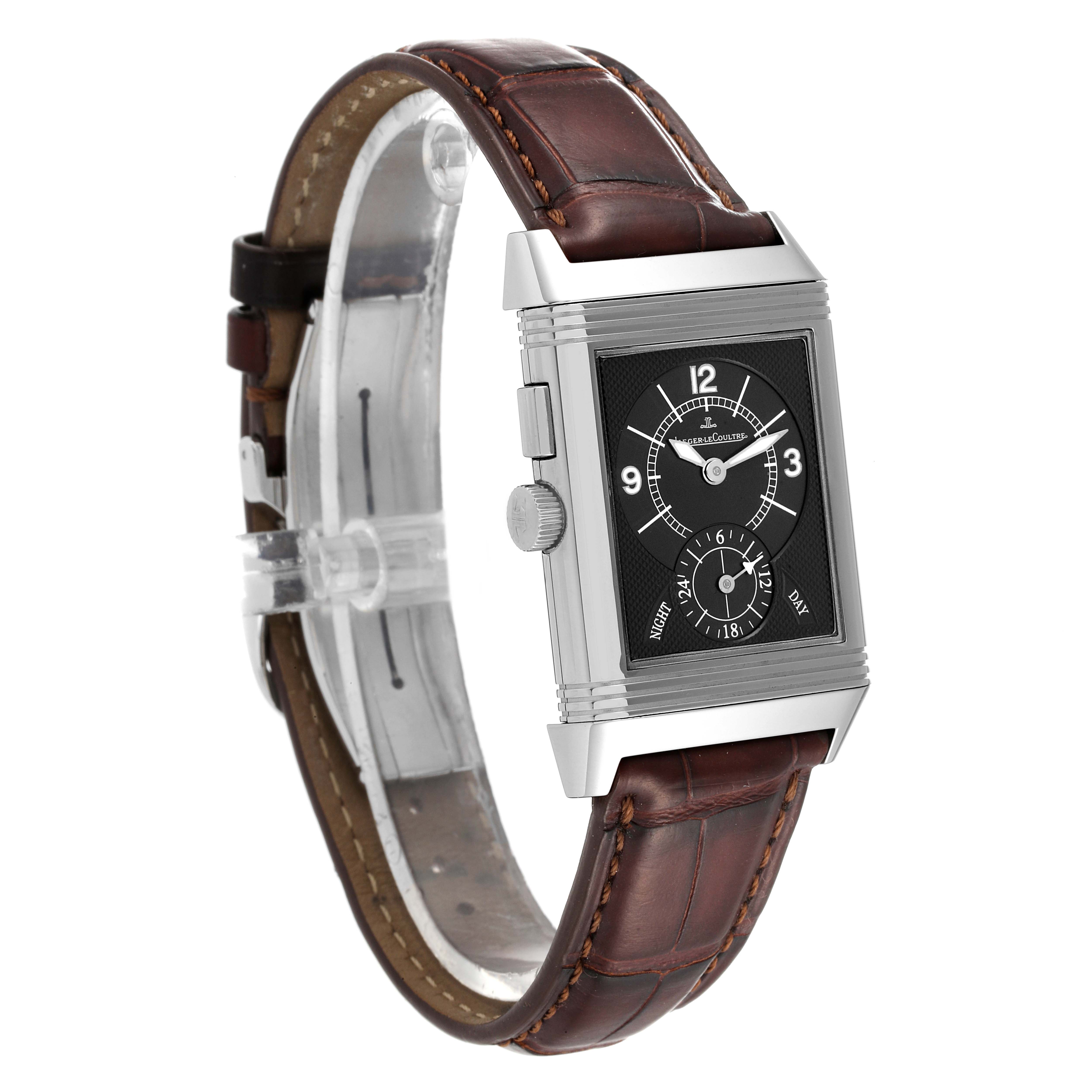 The image shows the Jaeger LeCoultre Reverso Q2718410 Men's Stainless Steel Silver Dial Q2718410 Men's Stainless Steel Silver Dial watch at a three-quarter angle, highlighting the dial and leather strap.