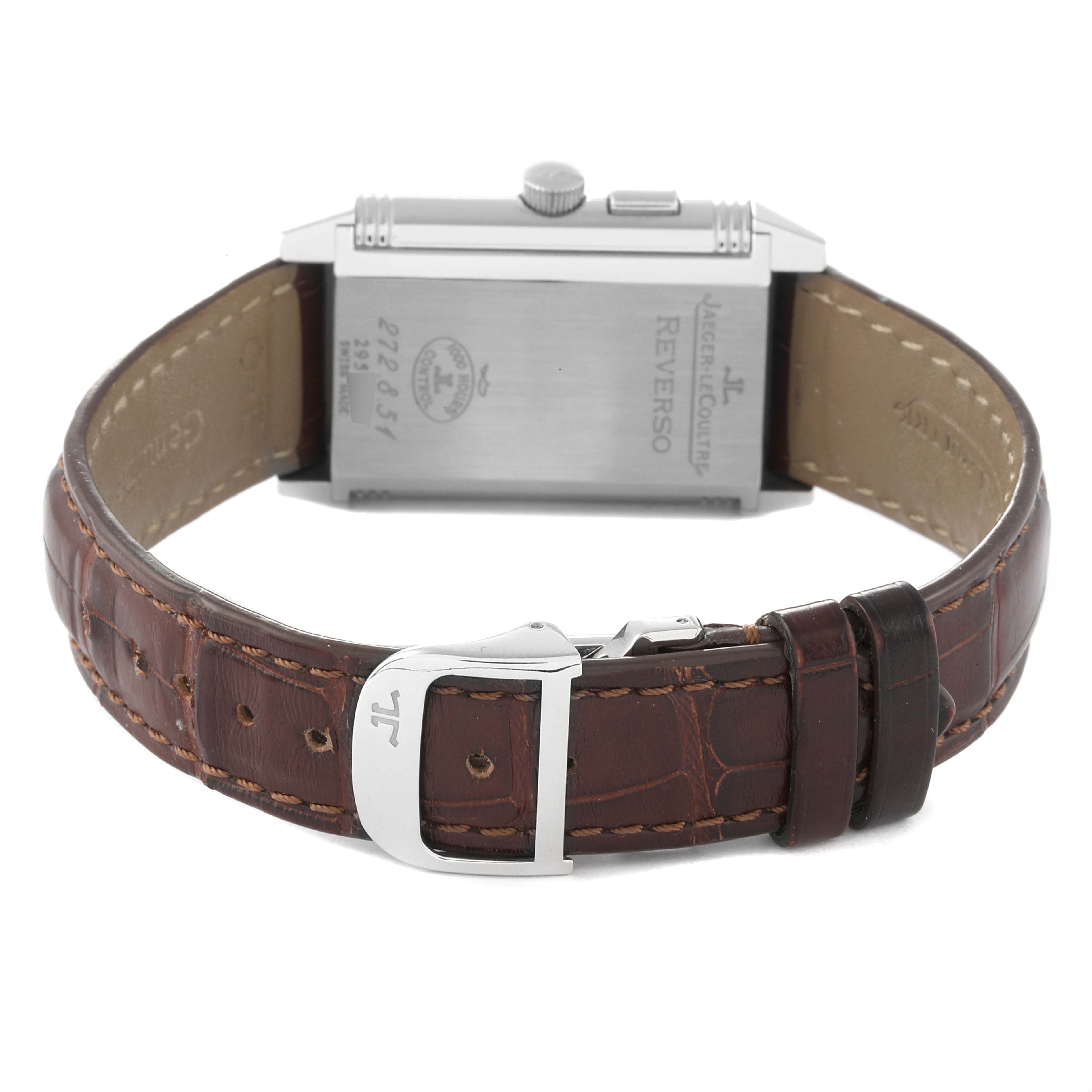 This image shows the backside and leather strap of a Jaeger LeCoultre Reverso Q2718410 Men's Stainless Steel Silver Dial Q2718410 Men's Stainless Steel Silver Dial watch.
