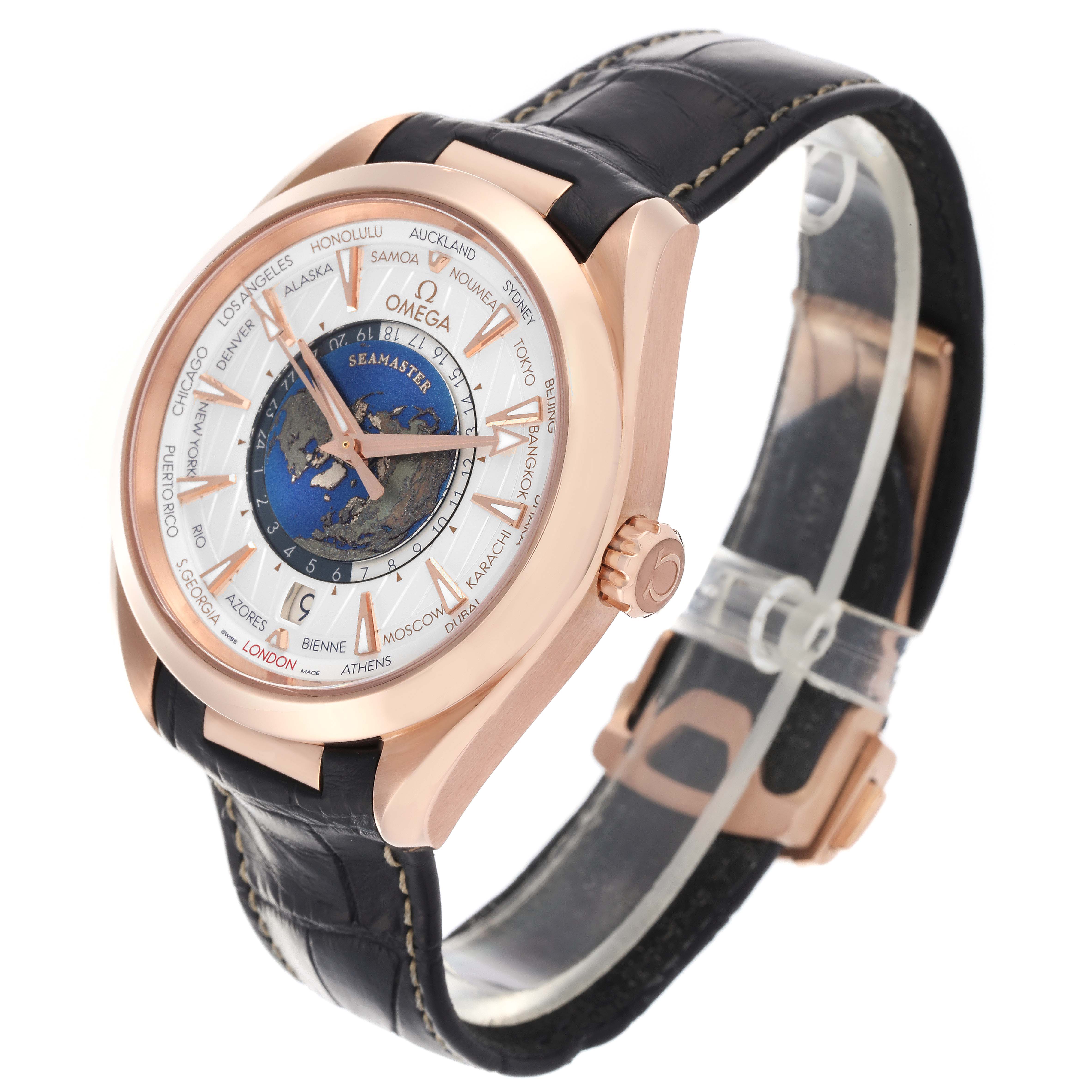 The Omega Aqua Terra 220.53.43.22.02.001 Men's Rose Gold Silver Dial 220.53.43.22.02.001 Men's Rose Gold Silver Dial is shown at a three-quarter angle, featuring the face, bezel, crown, and leather strap.