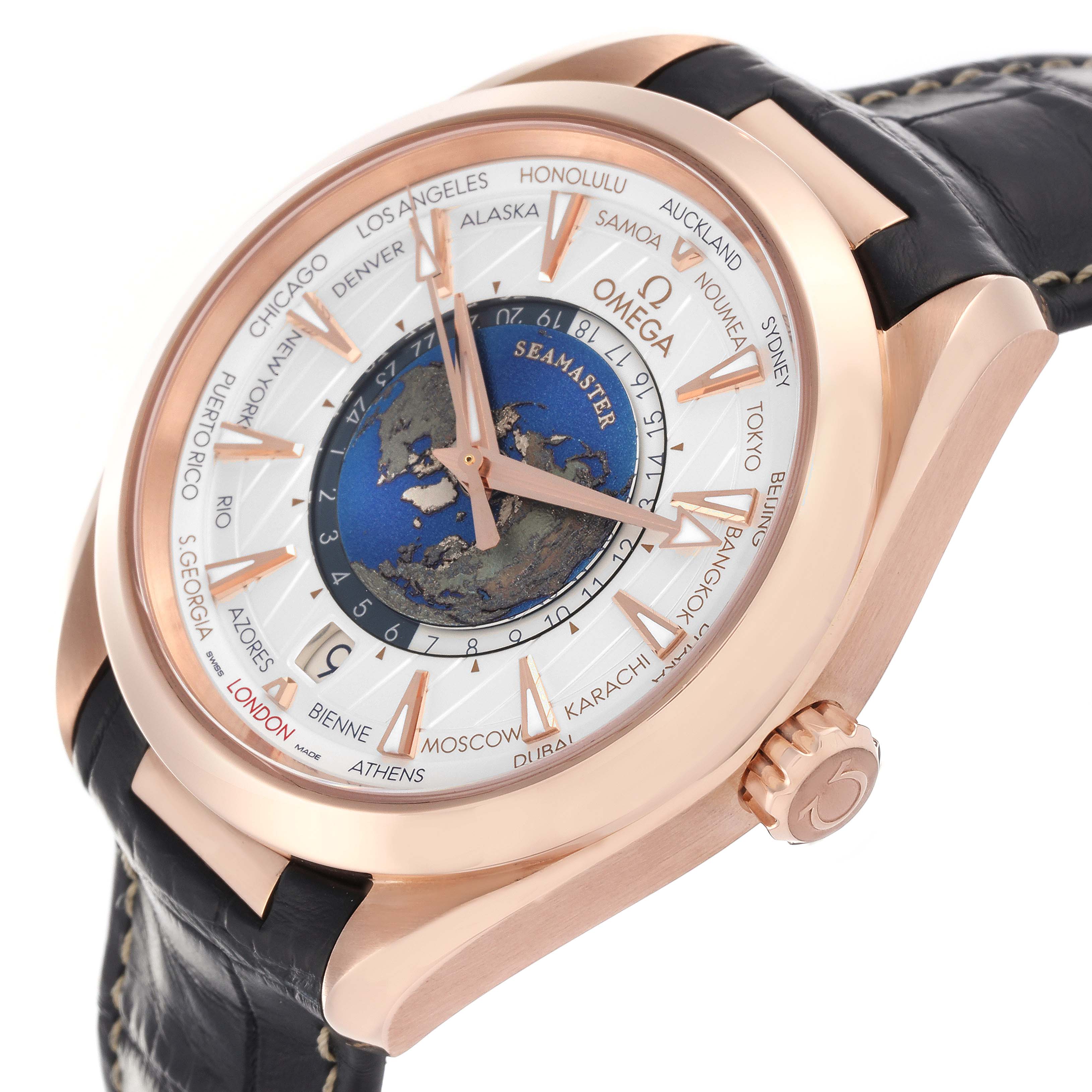 The Omega Aqua Terra 220.53.43.22.02.001 Men's Rose Gold Silver Dial 220.53.43.22.02.001 Men's Rose Gold Silver Dial watch is shown in a close-up side angle, highlighting the dial and city ring.