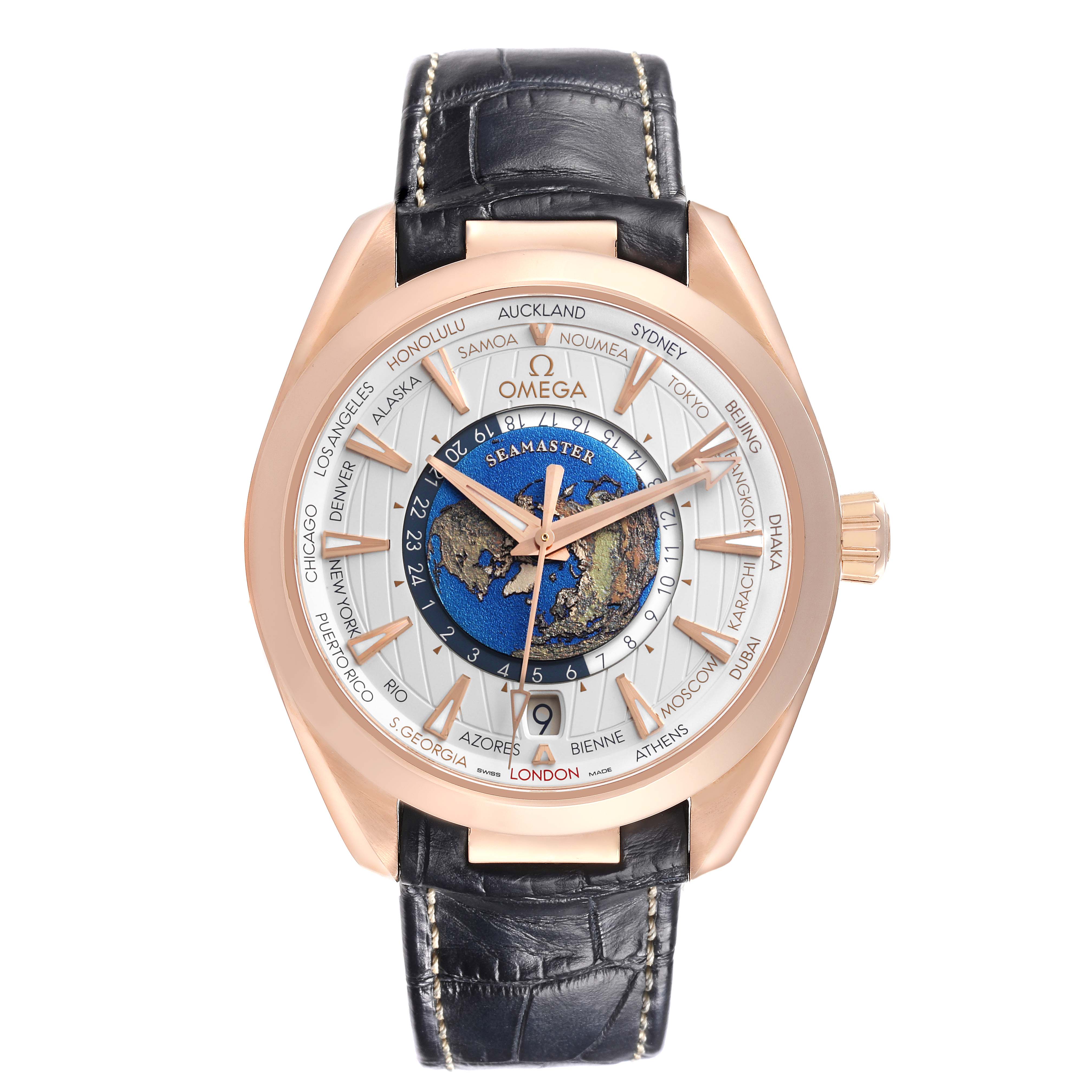 The Omega Aqua Terra 220.53.43.22.02.001 Men's Rose Gold Silver Dial 220.53.43.22.02.001 Men's Rose Gold Silver Dial watch is shown from the front, displaying the dial, hands, case, and leather strap.
