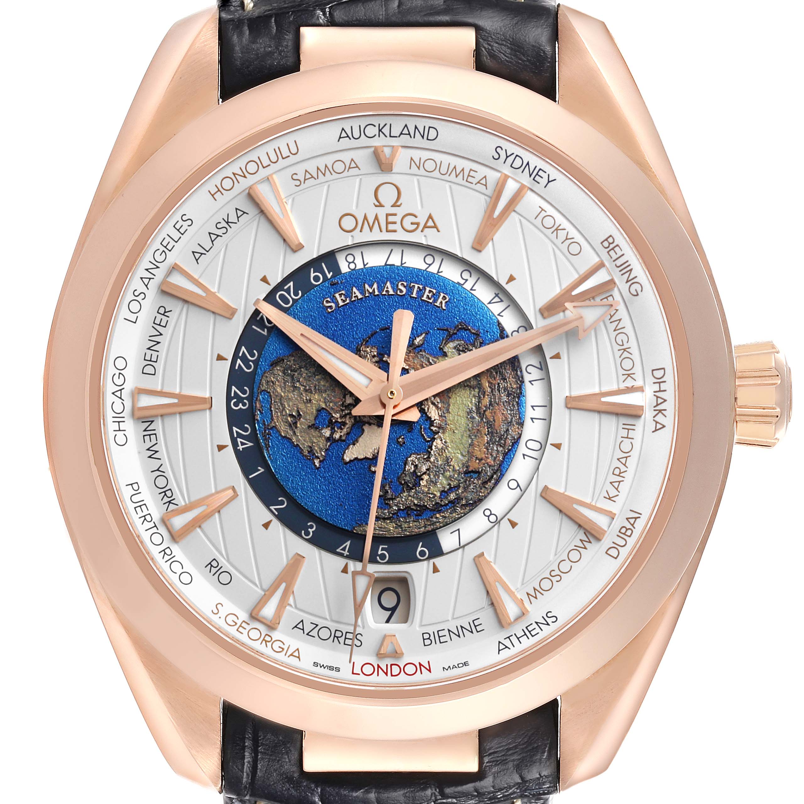 The Omega Aqua Terra 220.53.43.22.02.001 Men's Rose Gold Silver Dial 220.53.43.22.02.001 Men's Rose Gold Silver Dial watch is shown from a front angle, displaying the dial, bezel, hands, and strap.