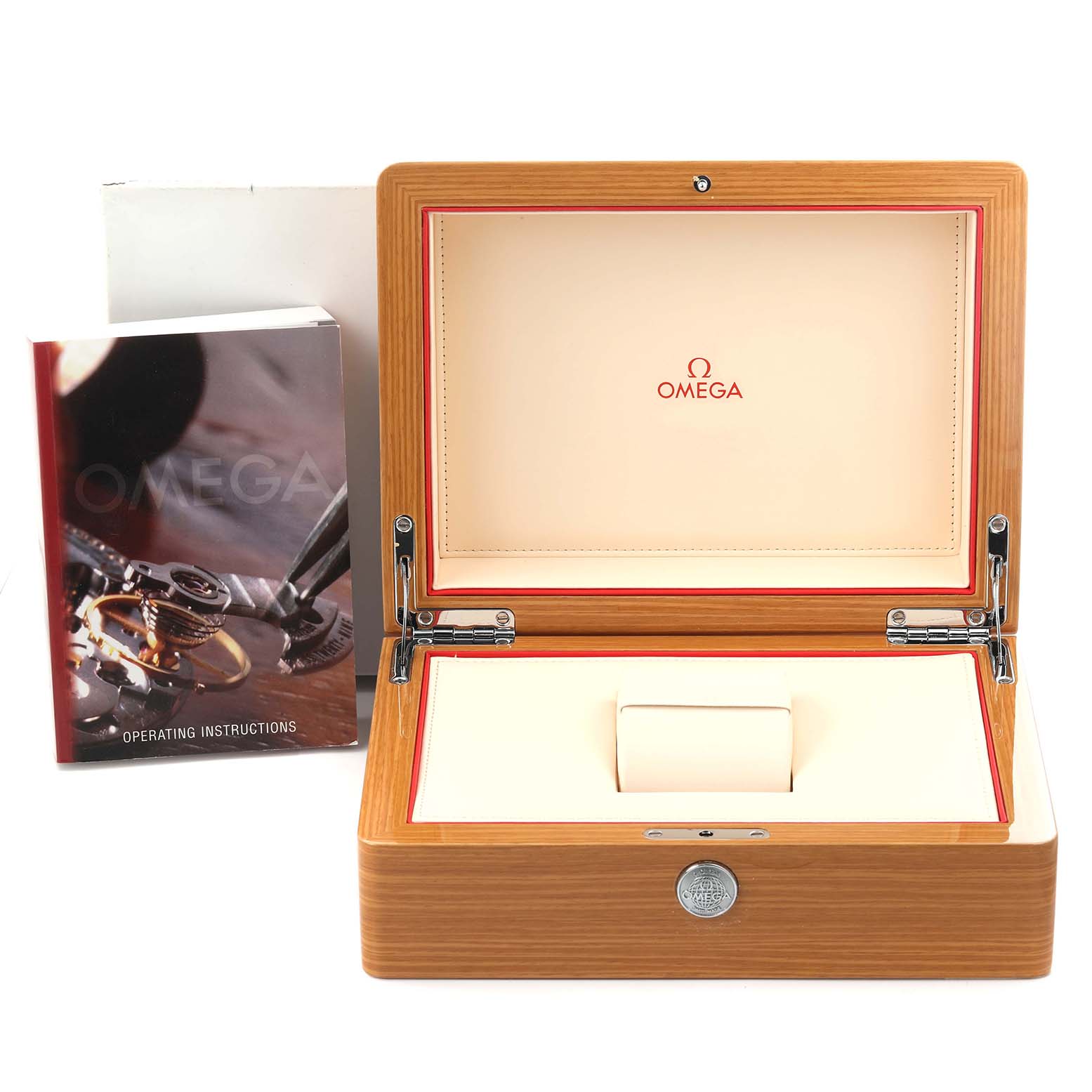 The image shows an Omega Aqua Terra 220.53.43.22.02.001 Men's Rose Gold Silver Dial 220.53.43.22.02.001 Men's Rose Gold Silver Dial watch box open, with visible instructions booklet.
