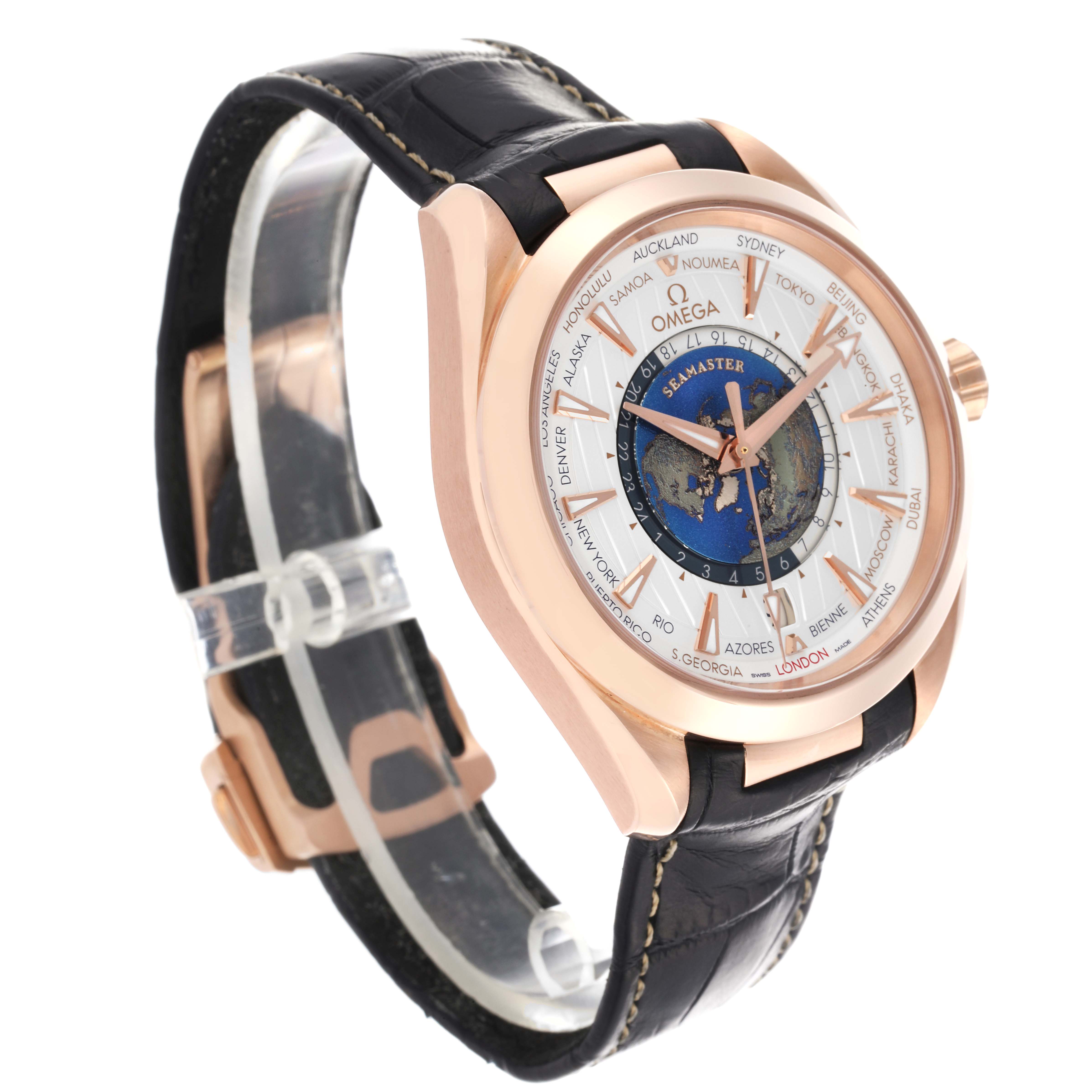 The Omega Aqua Terra 220.53.43.22.02.001 Men's Rose Gold Silver Dial 220.53.43.22.02.001 Men's Rose Gold Silver Dial watch is shown at an angled side view, displaying the face, bezel, and leather strap.