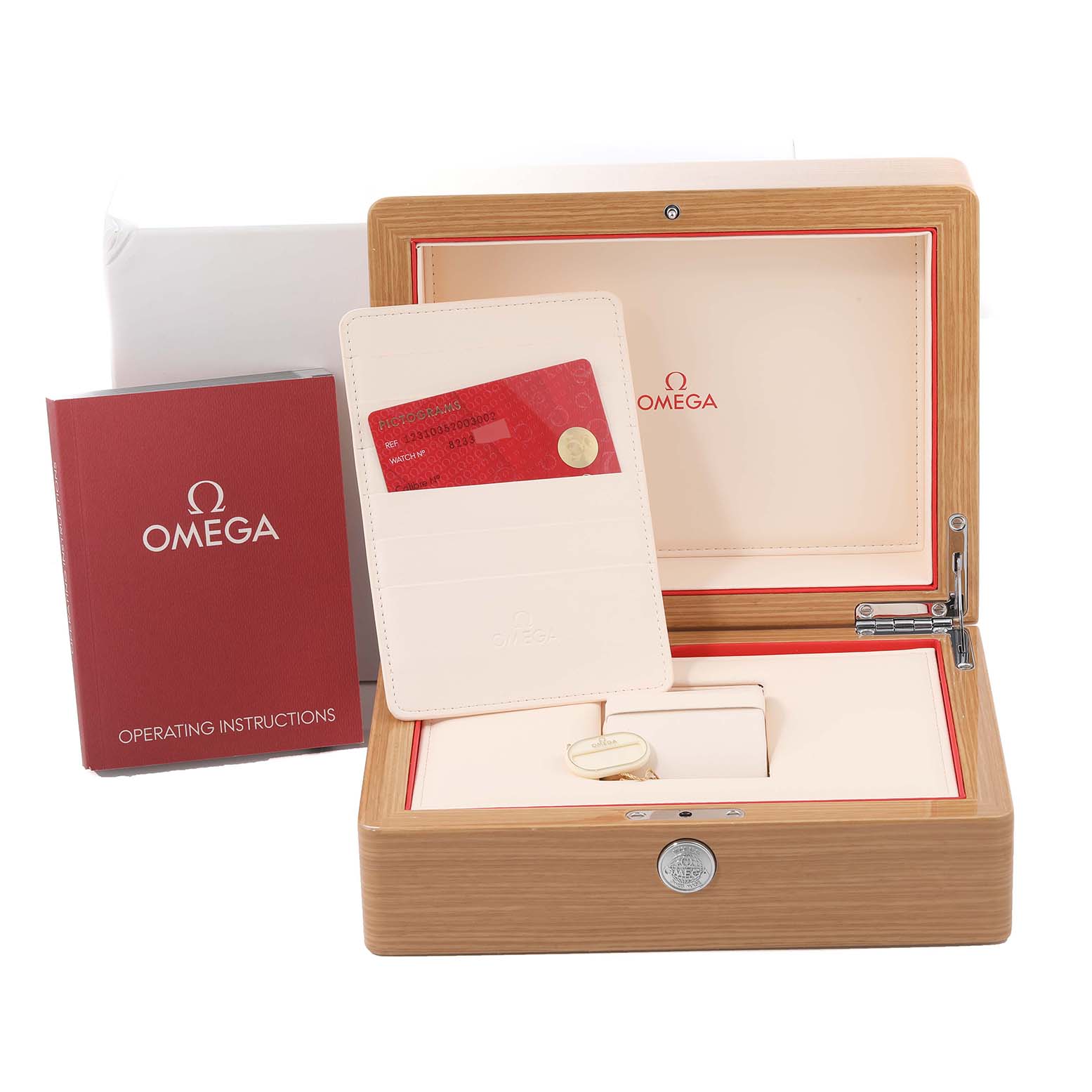 This image shows the packaging, instruction manual, and certificate card for the Omega Constellation 123.10.35.20.03.002 Men's Stainless Steel Blue Dial 123.10.35.20.03.002 Men's Stainless Steel Blue Dial watch.