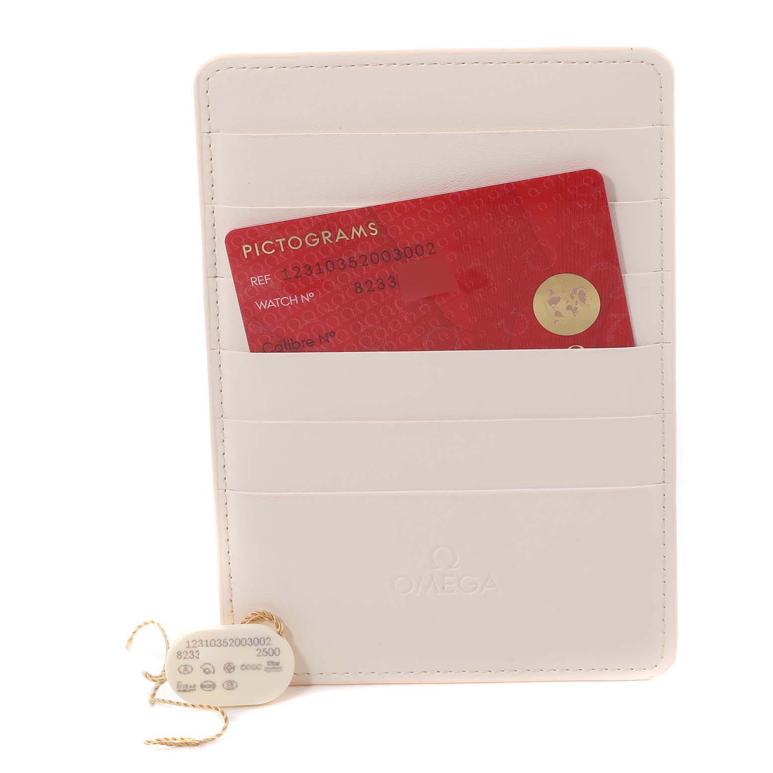 The image shows an Omega Constellation 123.10.35.20.03.002 Men's Stainless Steel Blue Dial 123.10.35.20.03.002 Men's Stainless Steel Blue Dial model warranty card holder and a hang tag with model details.