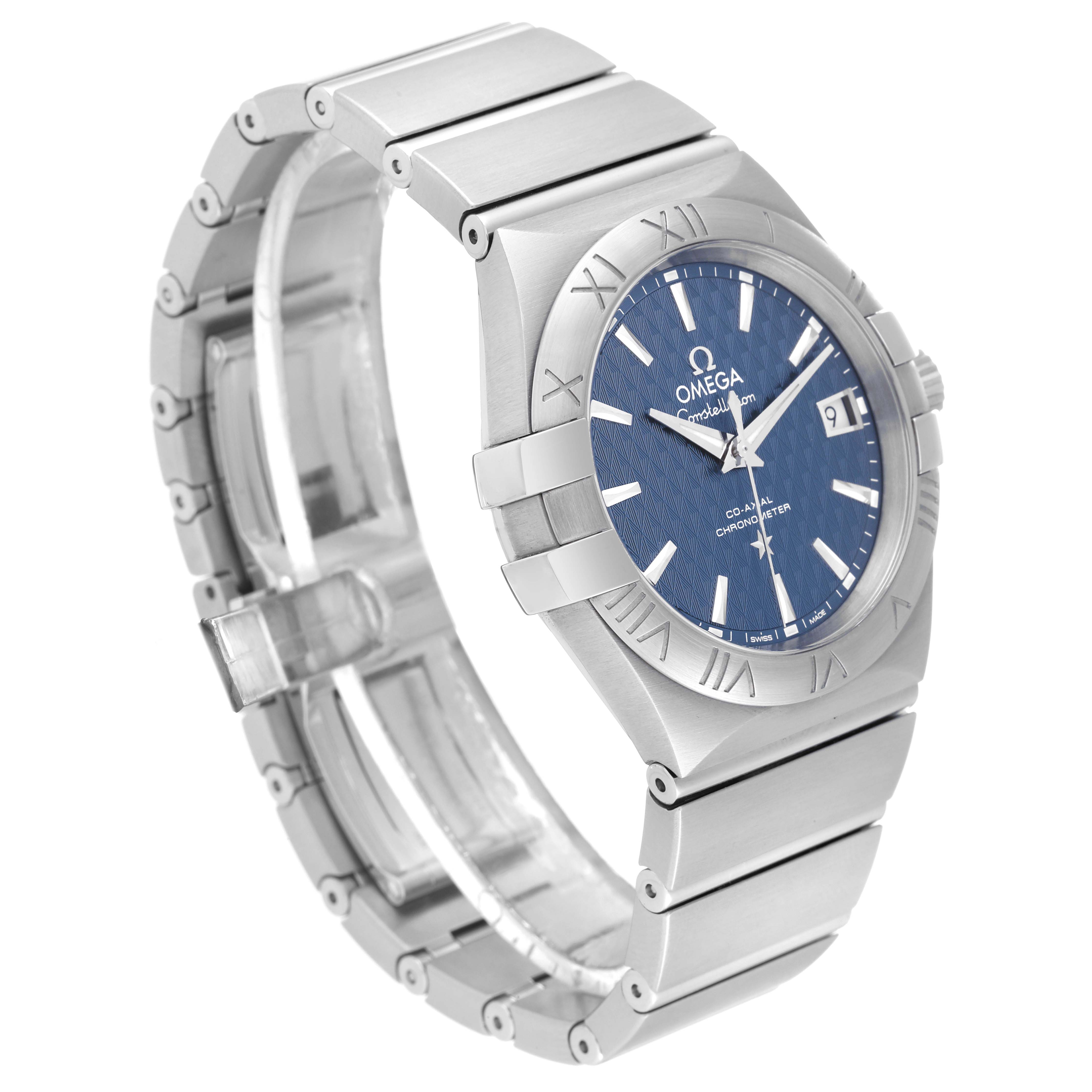 The Omega Constellation 123.10.35.20.03.002 Men's Stainless Steel Blue Dial 123.10.35.20.03.002 Men's Stainless Steel Blue Dial watch is shown at a three-quarter angle, displaying its blue dial, bezel, case, and bracelet.