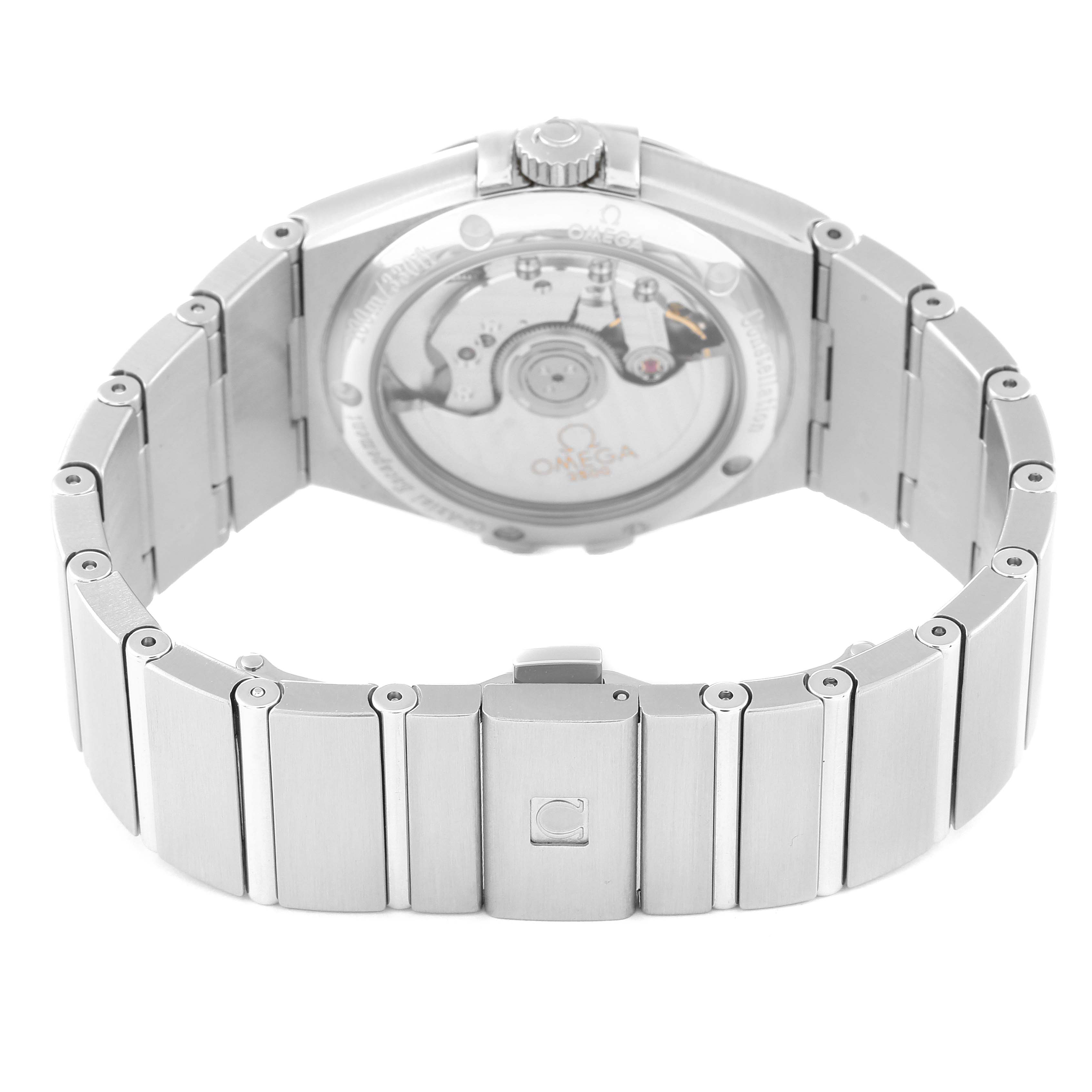 The image shows the back view of the Omega Constellation 123.10.35.20.03.002 Men's Stainless Steel Blue Dial 123.10.35.20.03.002 Men's Stainless Steel Blue Dial watch, highlighting its stainless steel bracelet and case back.