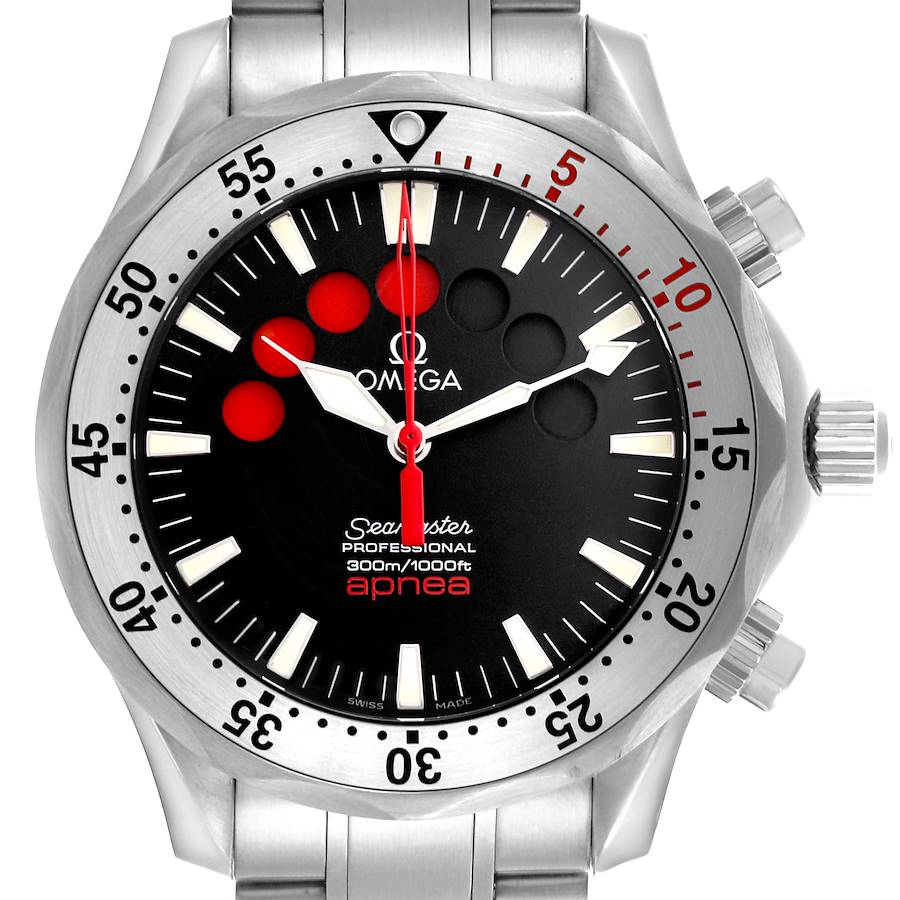 The image shows a front view of the Omega Seamaster watch, highlighting the bezel, dial, and pushers.