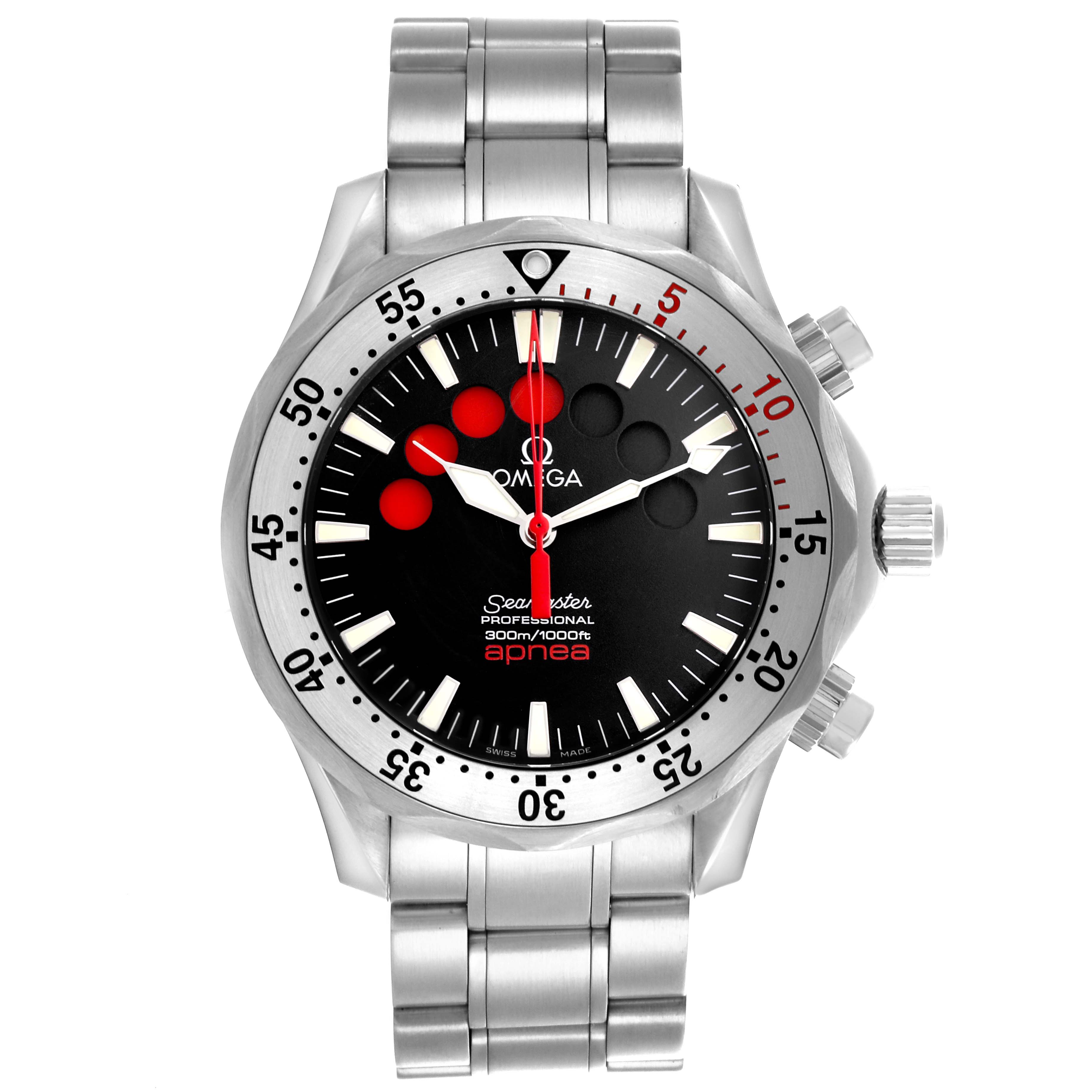 The Omega Seamaster 2595.50.00 Men's Stainless Steel Black Dial 2595.50.00 Men's Stainless Steel Black Dial watch is shown from the front, displaying its bezel, dial, hands, and stainless steel bracelet.
