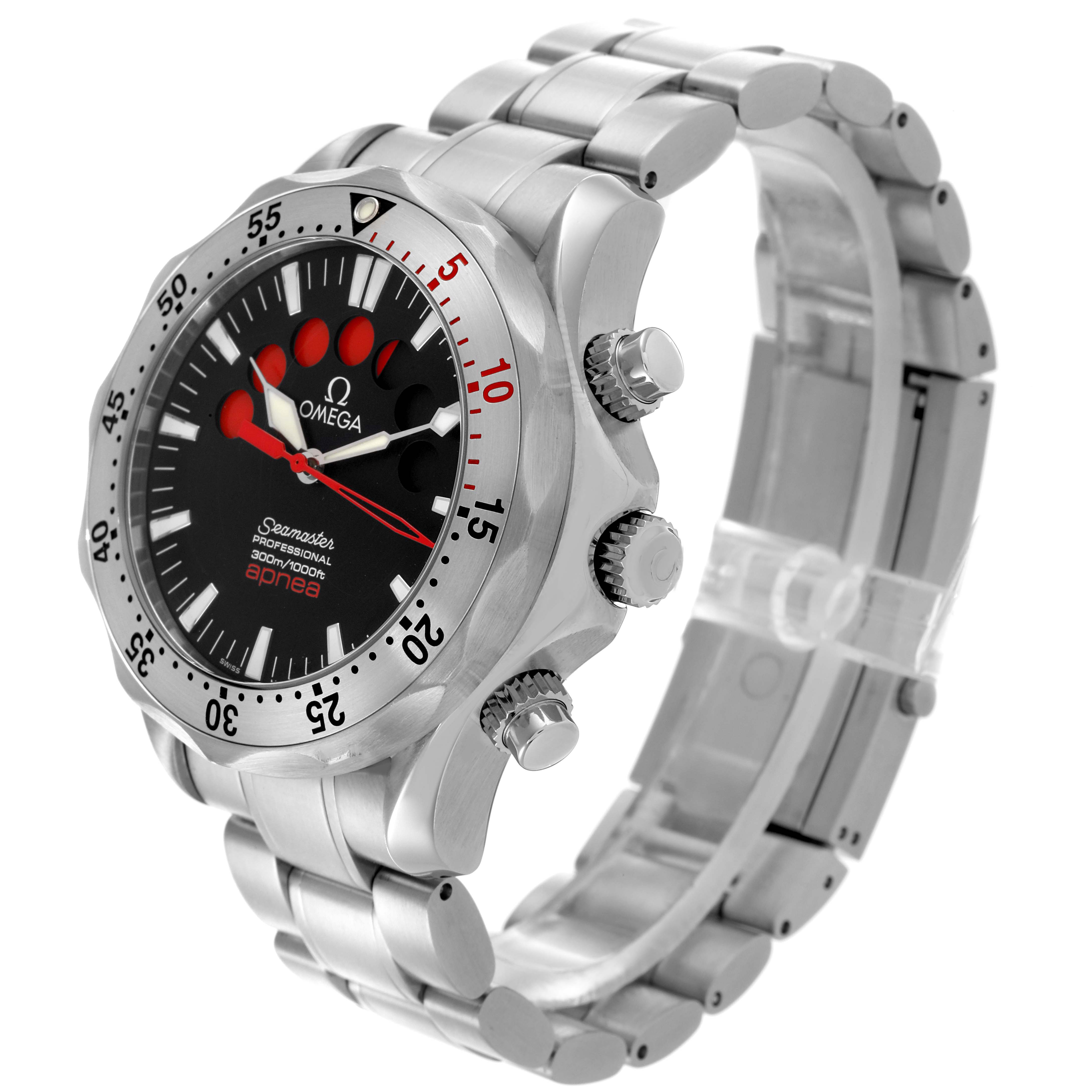 The Omega Seamaster 2595.50.00 Men's Stainless Steel Black Dial 2595.50.00 Men's Stainless Steel Black Dial watch is shown at a side angle, featuring the bezel, crown, and bracelet in full view.