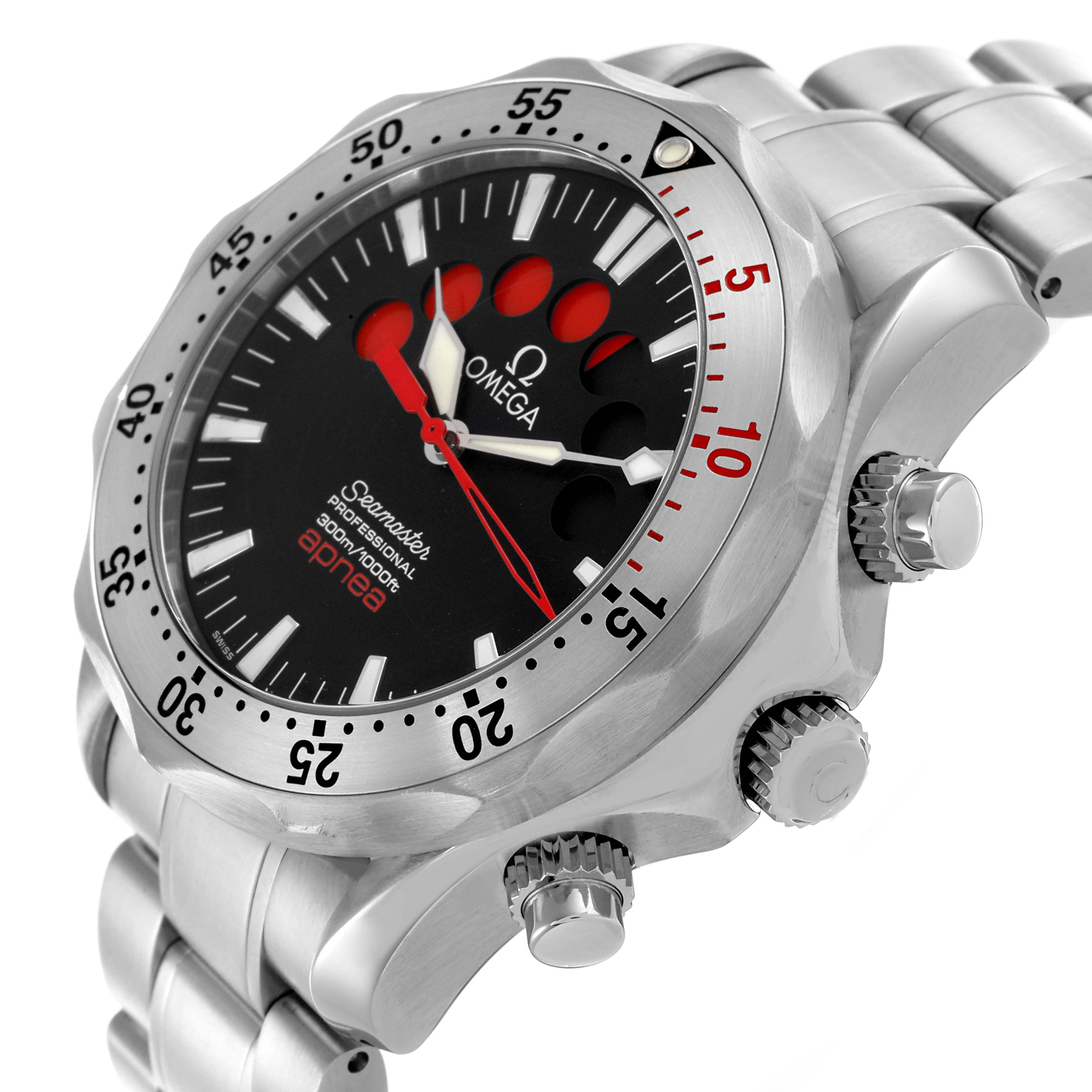 The Omega Seamaster 2595.50.00 Men's Stainless Steel Black Dial 2595.50.00 Men's Stainless Steel Black Dial watch is shown at an angle highlighting the bezel, dial, crown, and stainless steel bracelet.