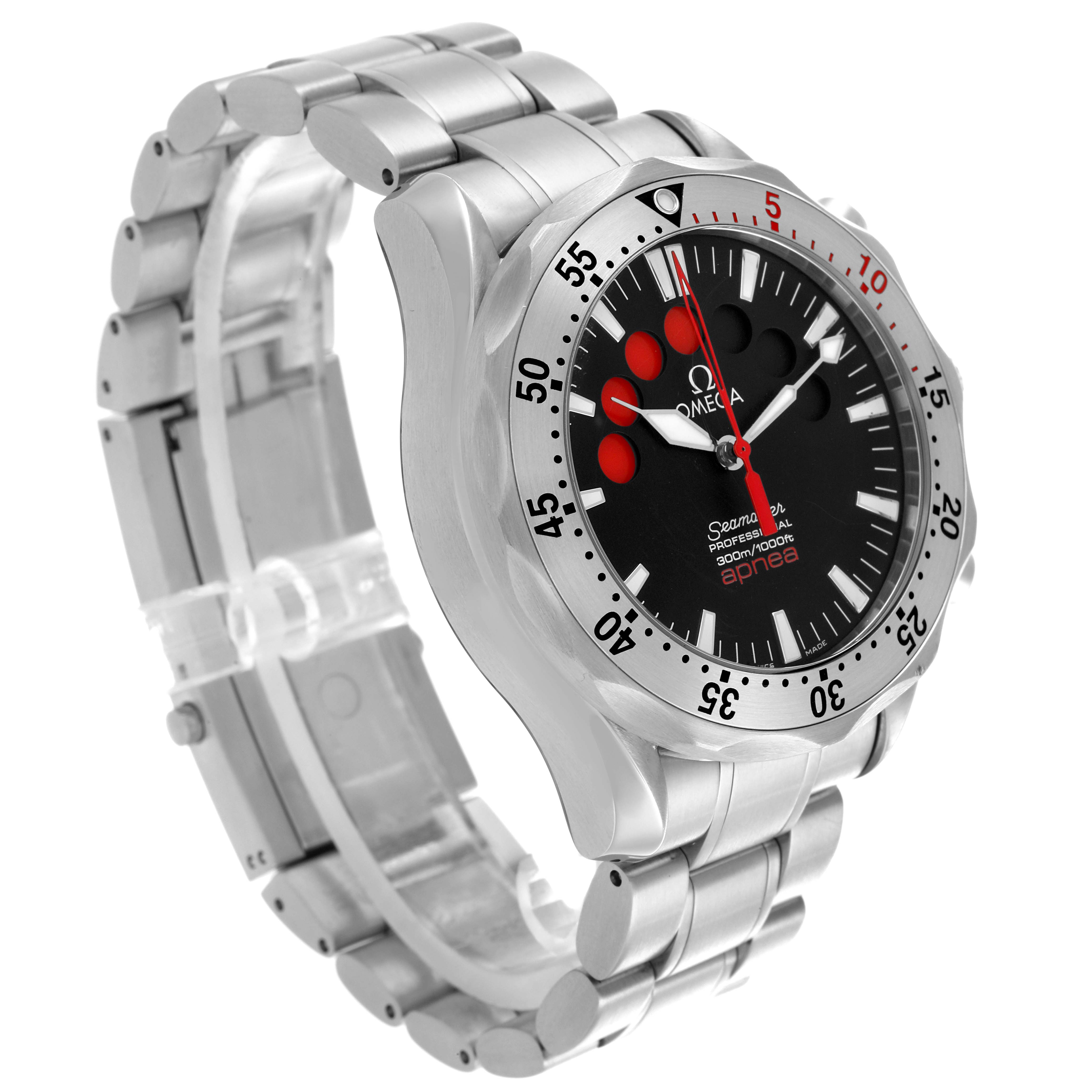 The Omega Seamaster 2595.50.00 Men's Stainless Steel Black Dial 2595.50.00 Men's Stainless Steel Black Dial watch is shown at a three-quarter angle, displaying the face, bezel, and bracelet.