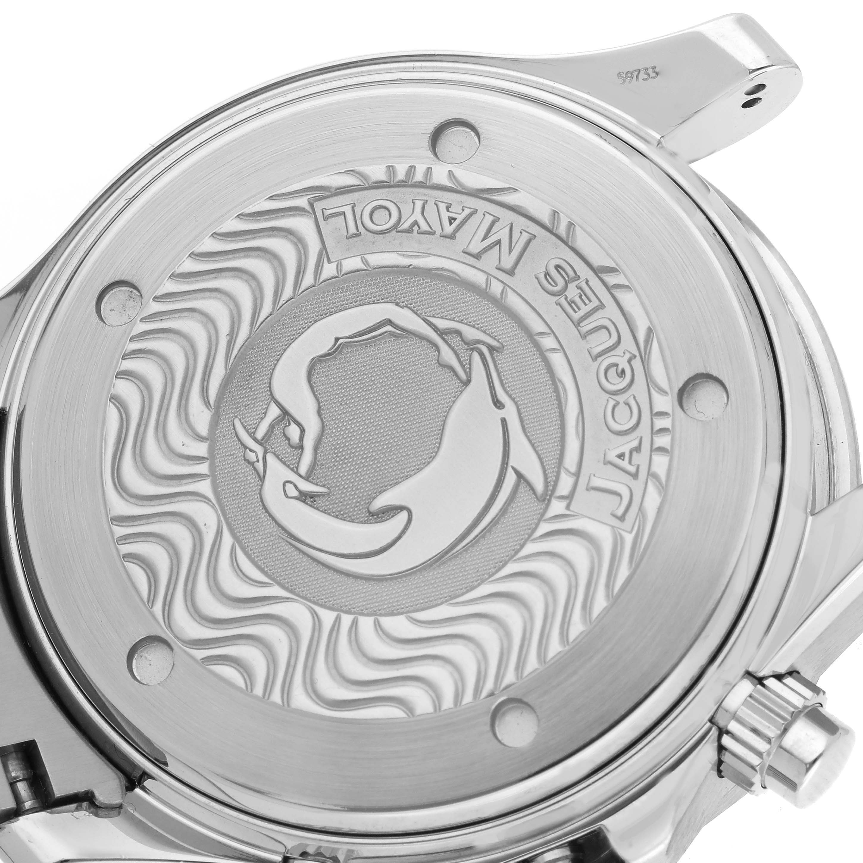 The image shows the engraved case back and crown of an Omega Seamaster 2595.50.00 Men's Stainless Steel Black Dial 2595.50.00 Men's Stainless Steel Black Dial watch.