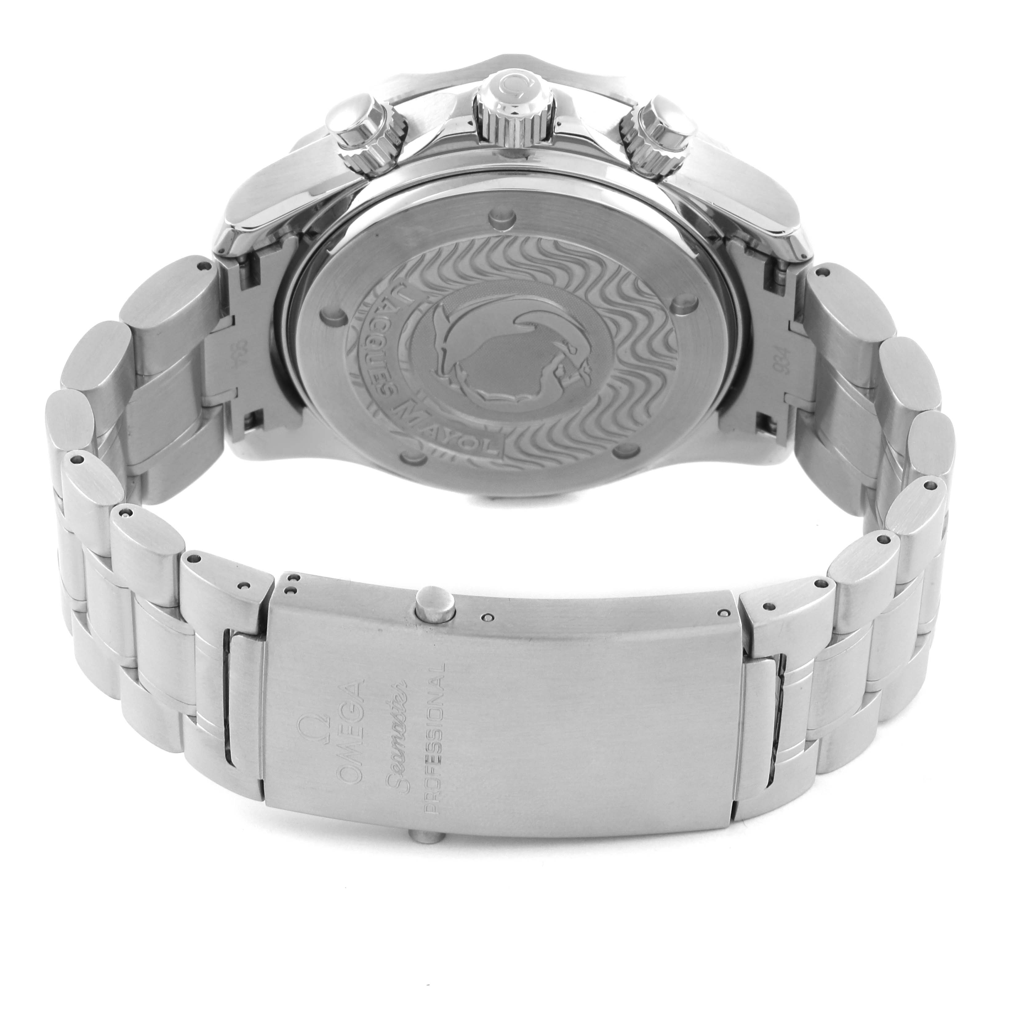 The image shows the back and bracelet of the Omega Seamaster 2595.50.00 Men's Stainless Steel Black Dial 2595.50.00 Men's Stainless Steel Black Dial watch, highlighting the case back and clasp.