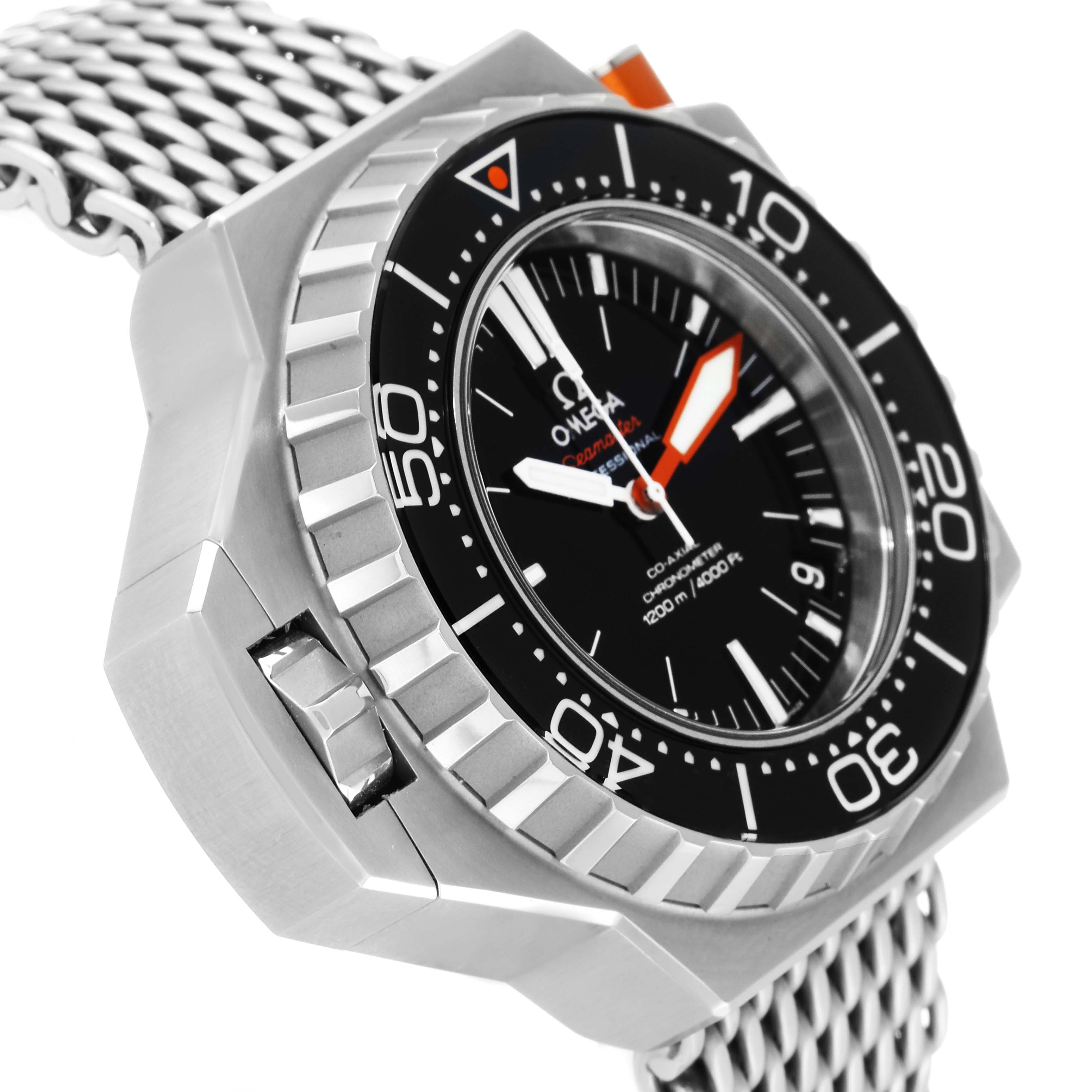 The image shows a side and front angle of the Omega Ploprof 224.30.55.21.01.001 Men's Stainless Steel Black Dial 224.30.55.21.01.001 Men's Stainless Steel Black Dial watch, highlighting its dial, bezel, and stainless steel mesh strap.